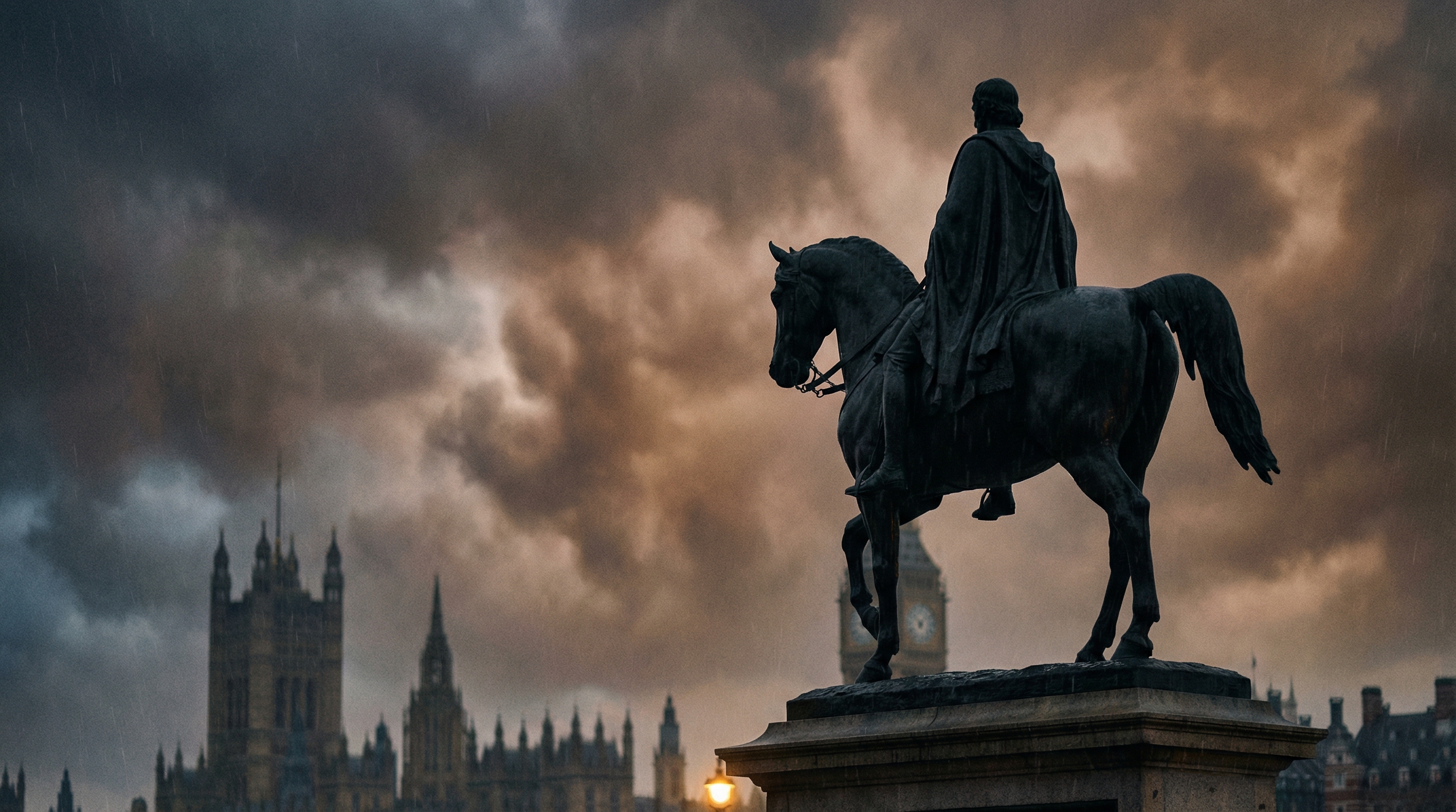Bronze statue silhouette against stormy London skies, Parliament in soft focus