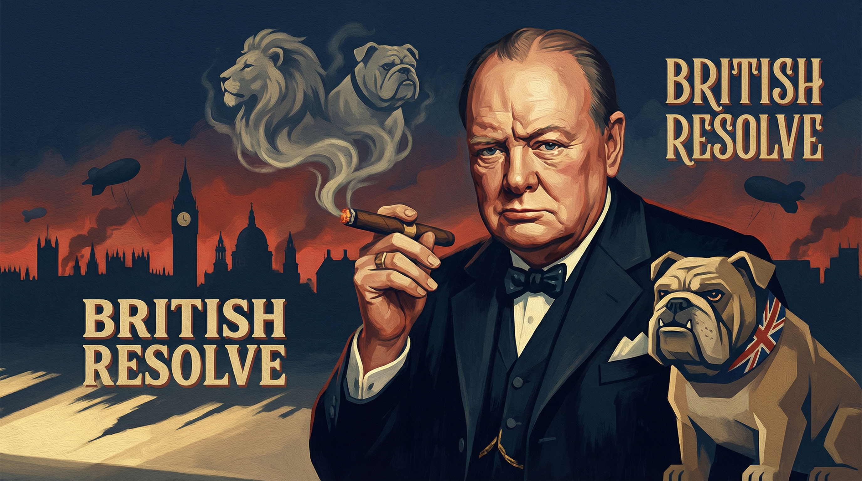 Winston Churchill in his wartime study, cigar in hand, surrounded by maps and papers