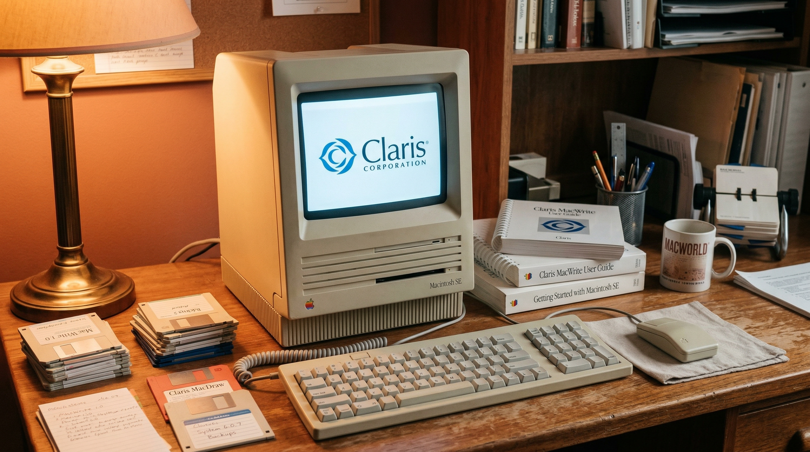 A vintage Macintosh computer glowing warmly on a wooden desk, surrounded by floppy disks and Claris software manuals