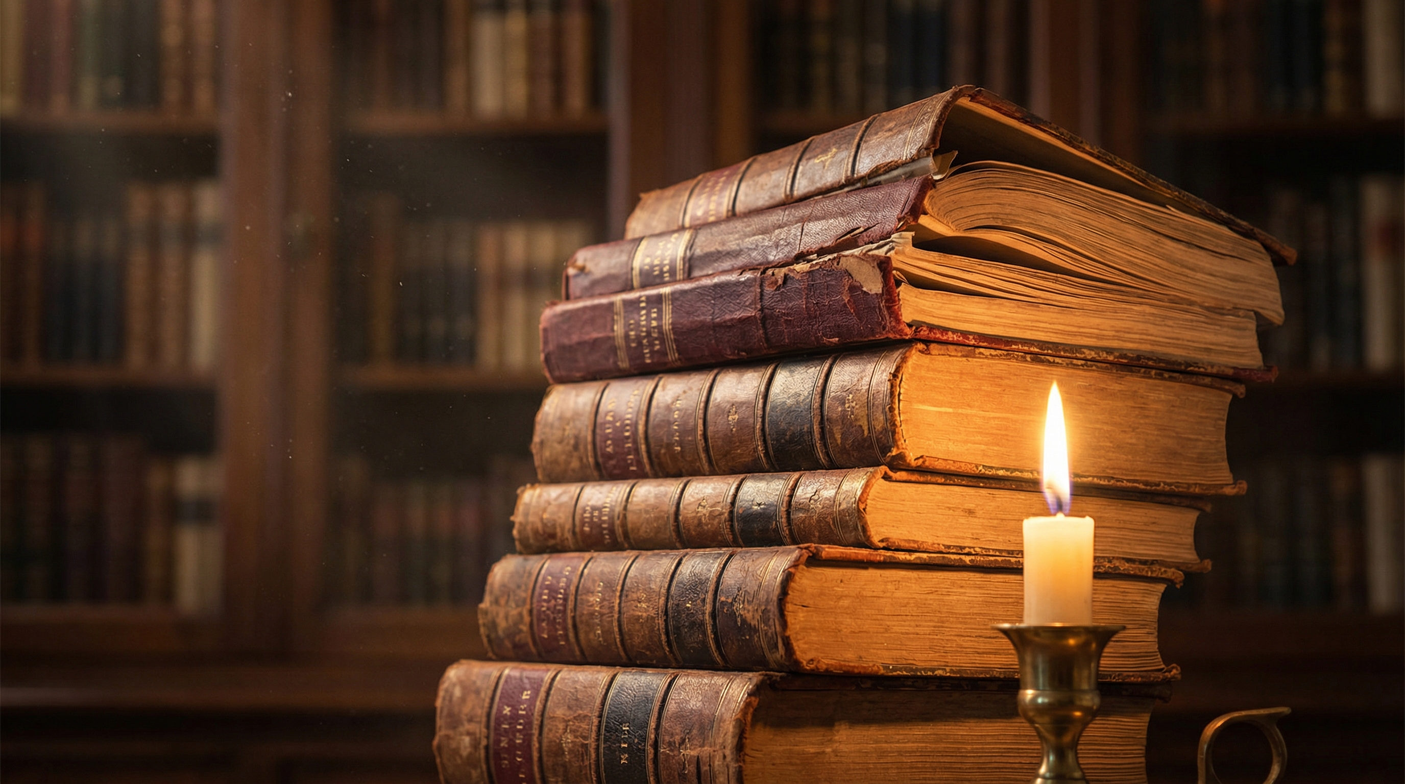 Stacked leather-bound classic books with candlelight casting golden shadows