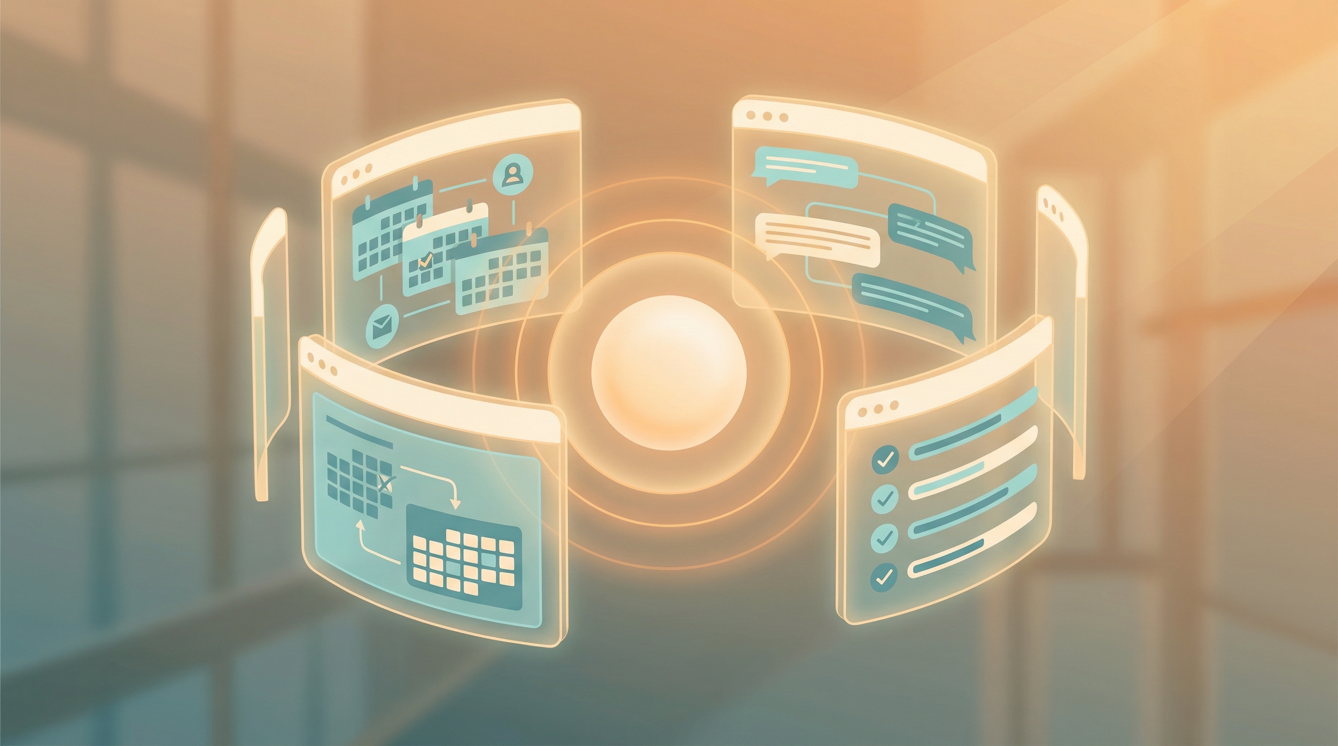 A serene digital command center with translucent terminal windows arranged around a glowing orb, representing organized AI-assisted life management