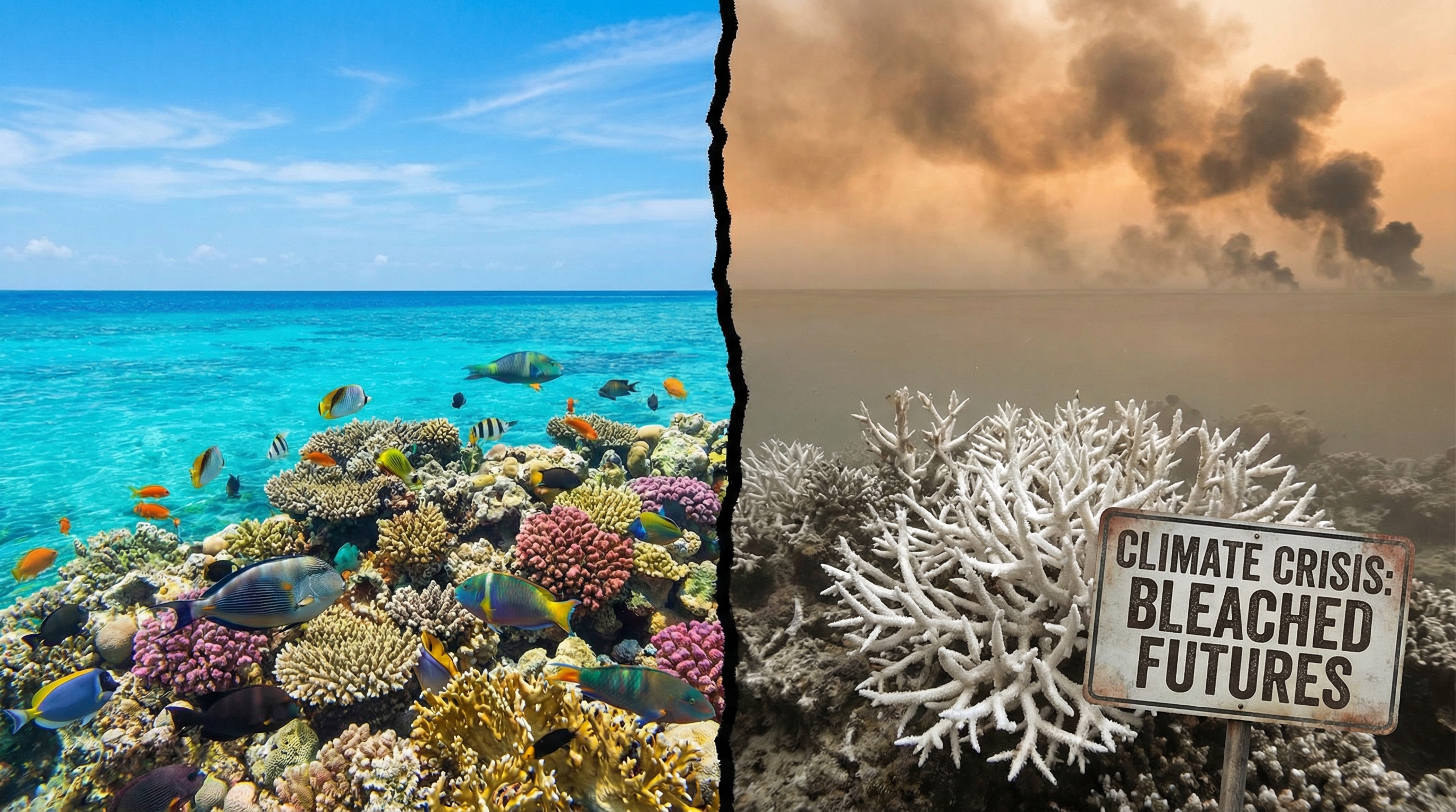 Split image showing healthy vs damaged ocean ecosystem