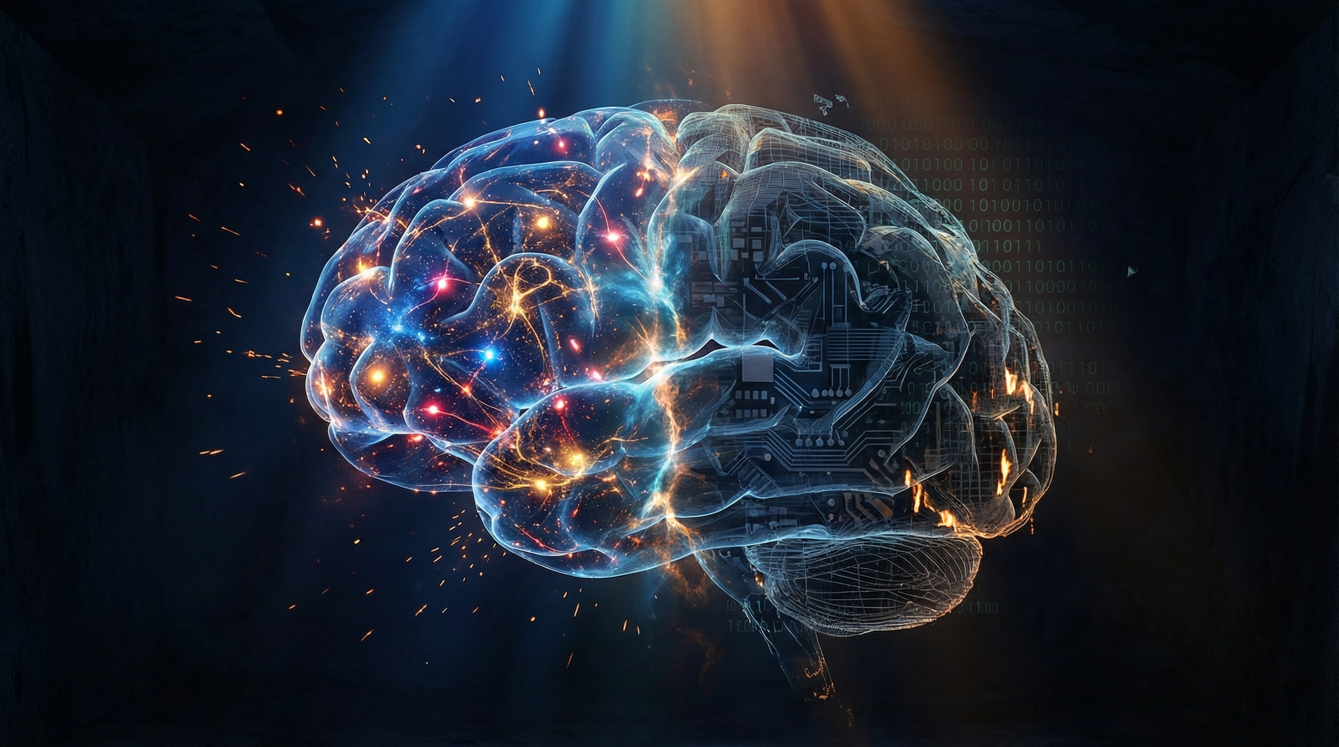 Abstract visualization of brain hemispheres in tension between human cognition and AI dependence