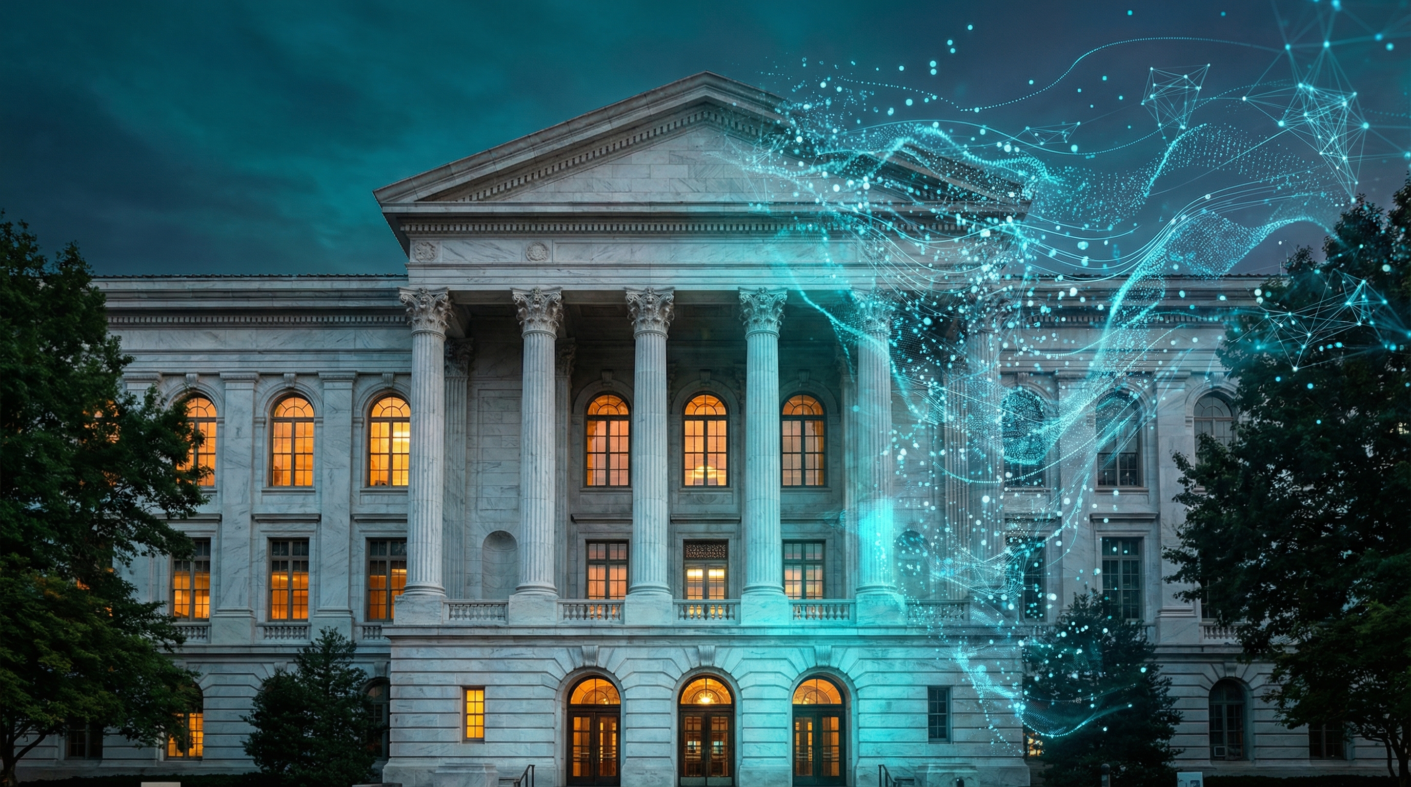 A classical university building with columns dissolving into streams of digital data and neural network visualizations
