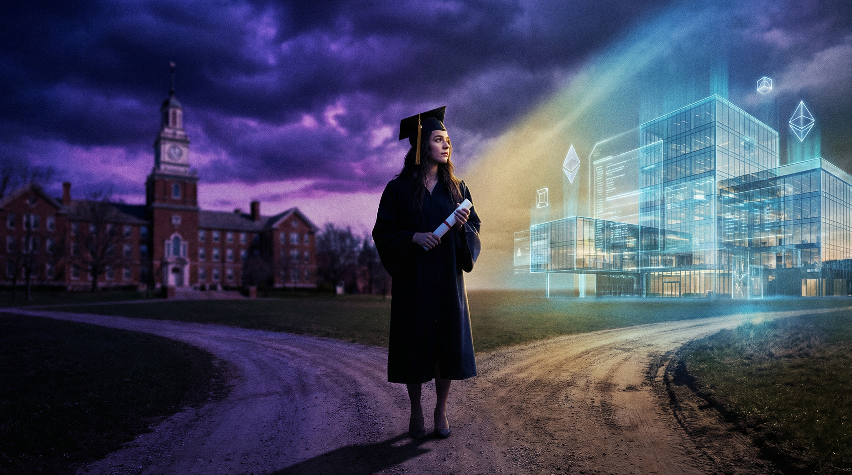 Young graduate at a crossroads between traditional university and AI-powered future