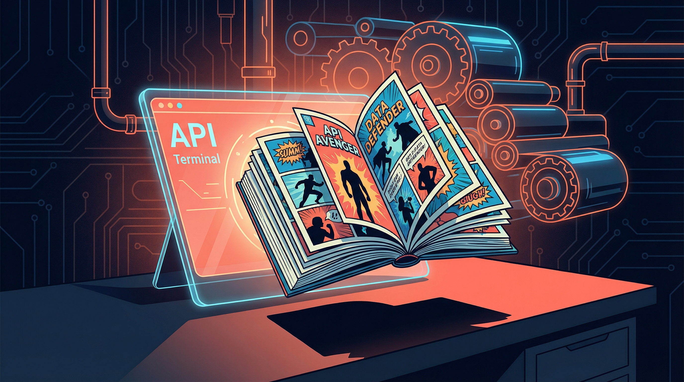 Stack of custom comic books emerging from an API terminal interface