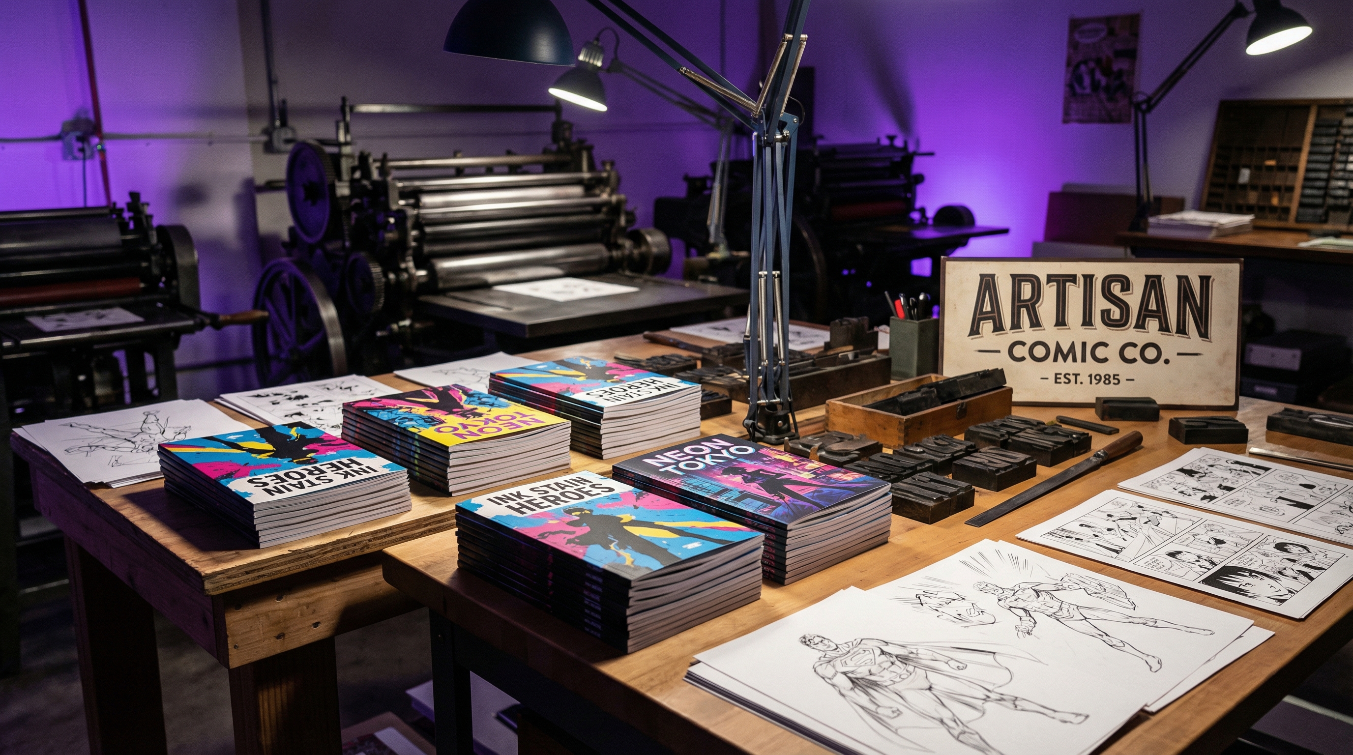 A vibrant comic book printing workshop with stacks of freshly printed indie comics