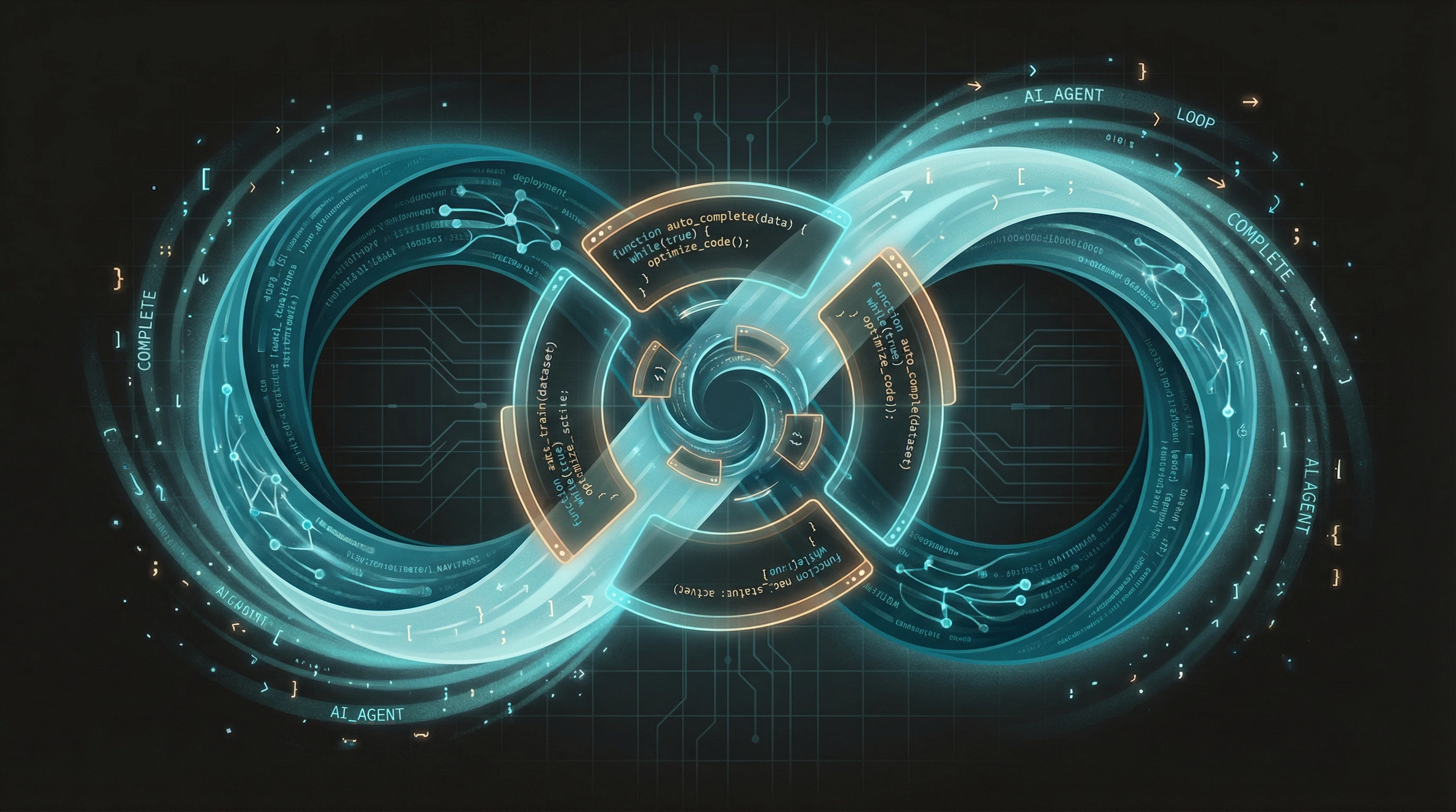 Abstract visualization of AI code completion loops spiraling with glowing terminals