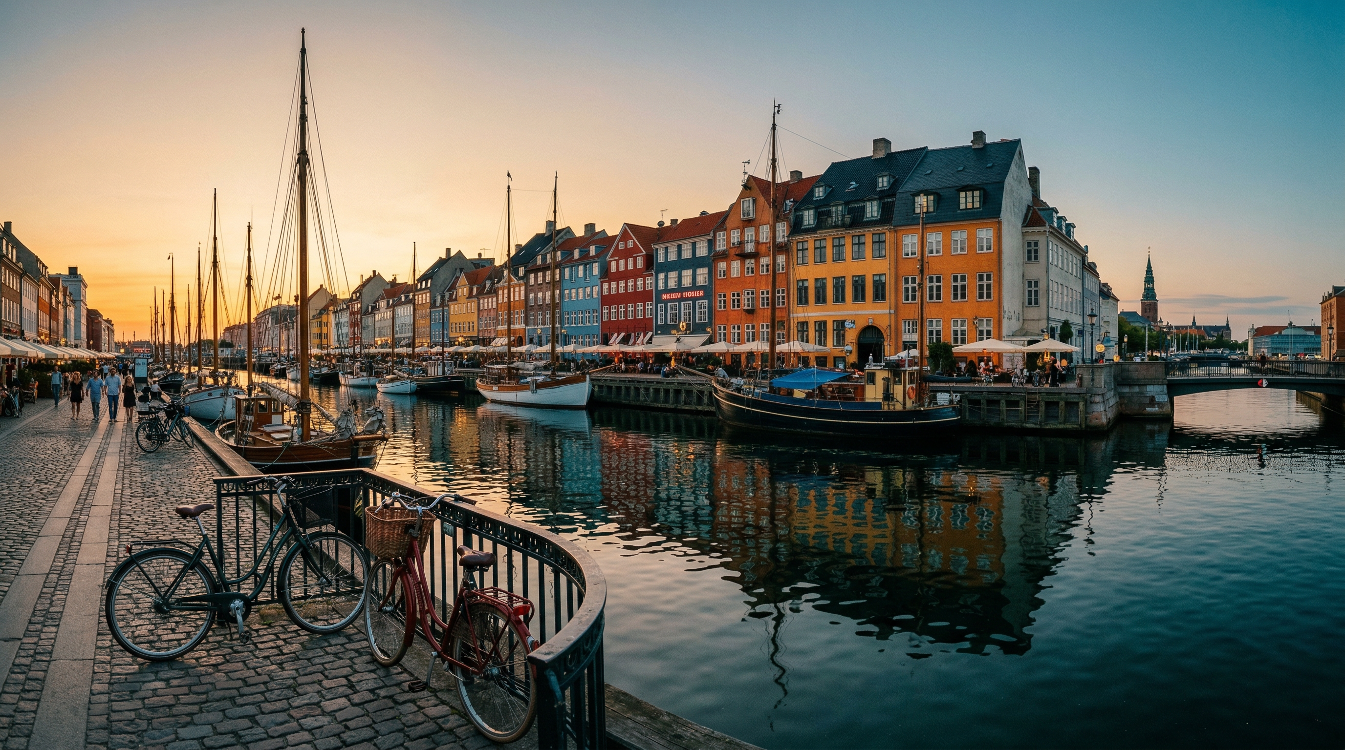 Colorful townhouses lining the Nyhavn canal in Copenhagen at golden hour, with wooden boats moored along the quay