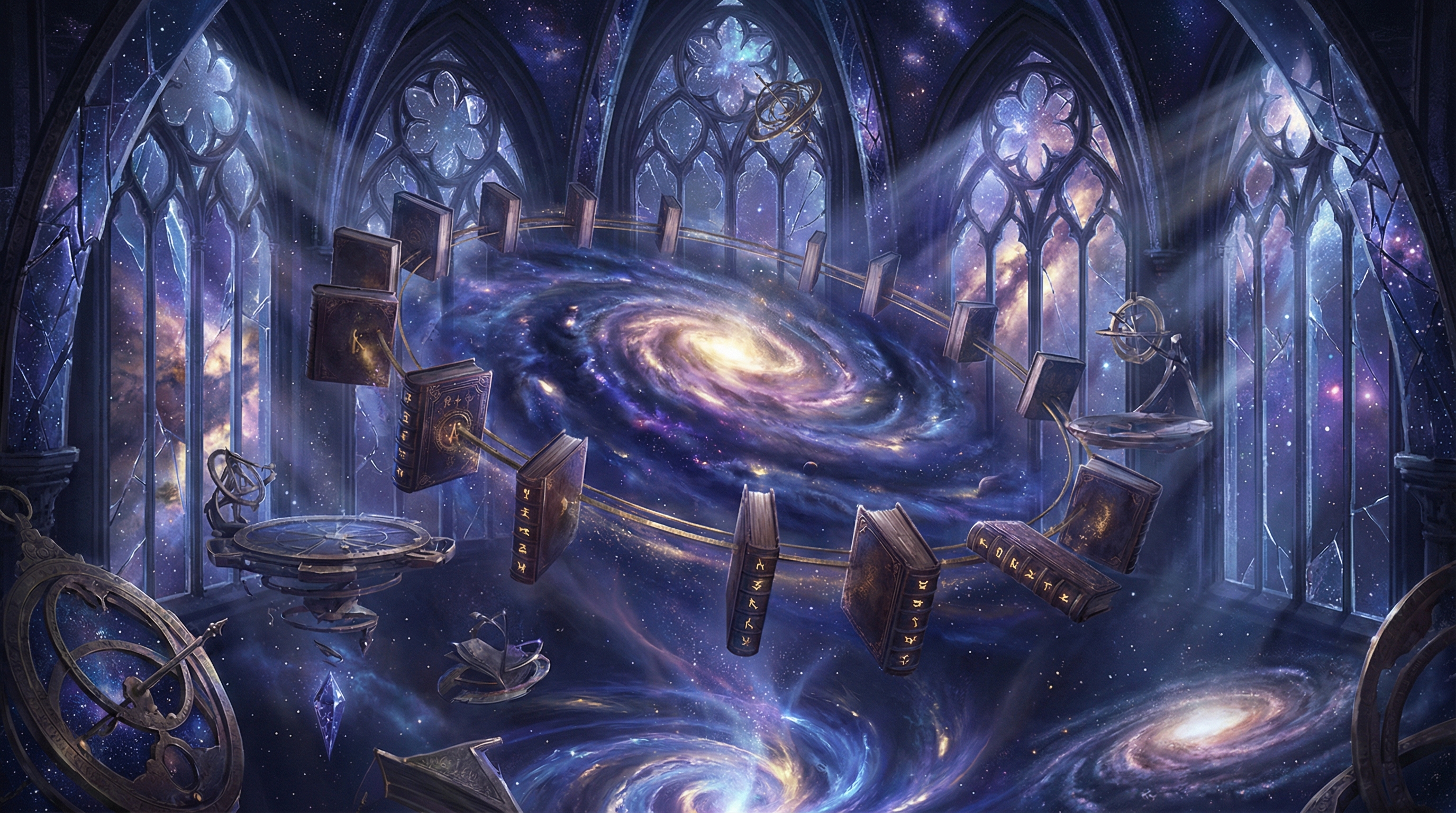 A cosmic library floating in space, ancient books orbiting like planets against a deep indigo nebula