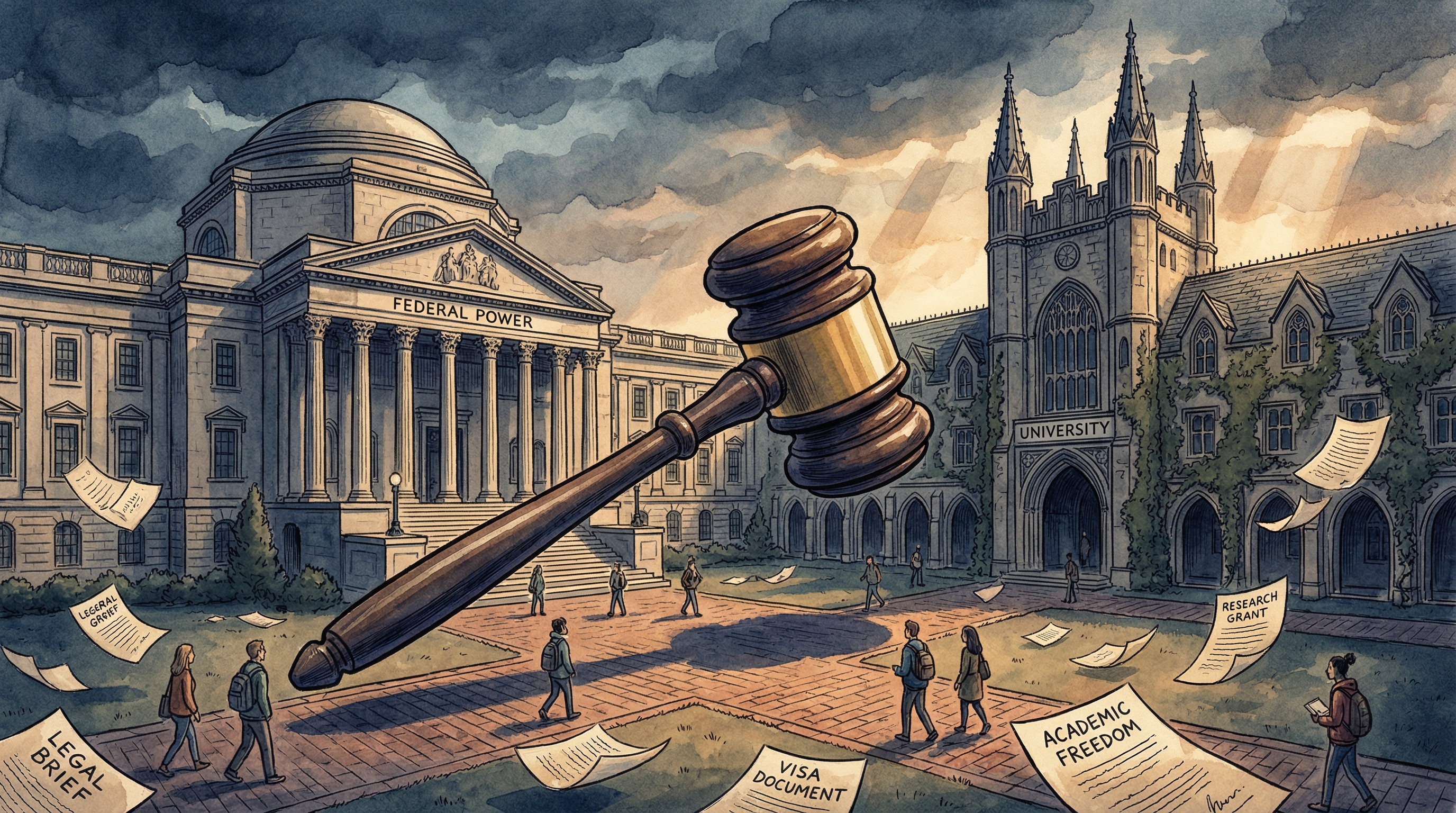 Editorial illustration of a courthouse and university building merged into a composite structure, with a gavel casting shadows across a campus quad