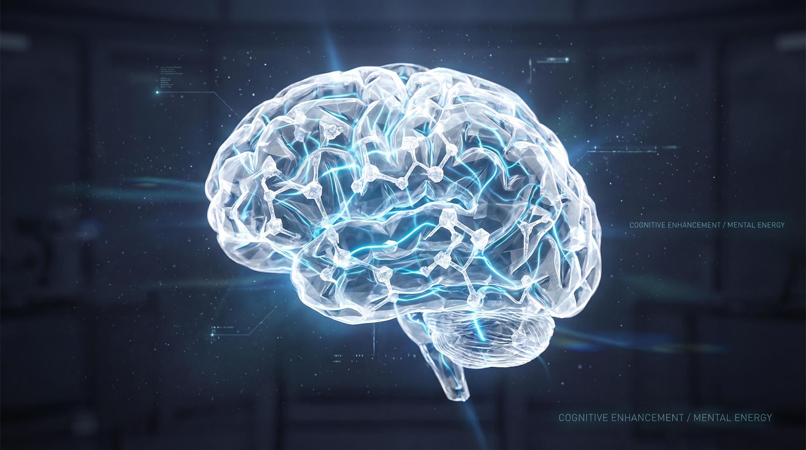 Crystalline brain structure with glowing teal neural pathways representing creatine's cognitive effects