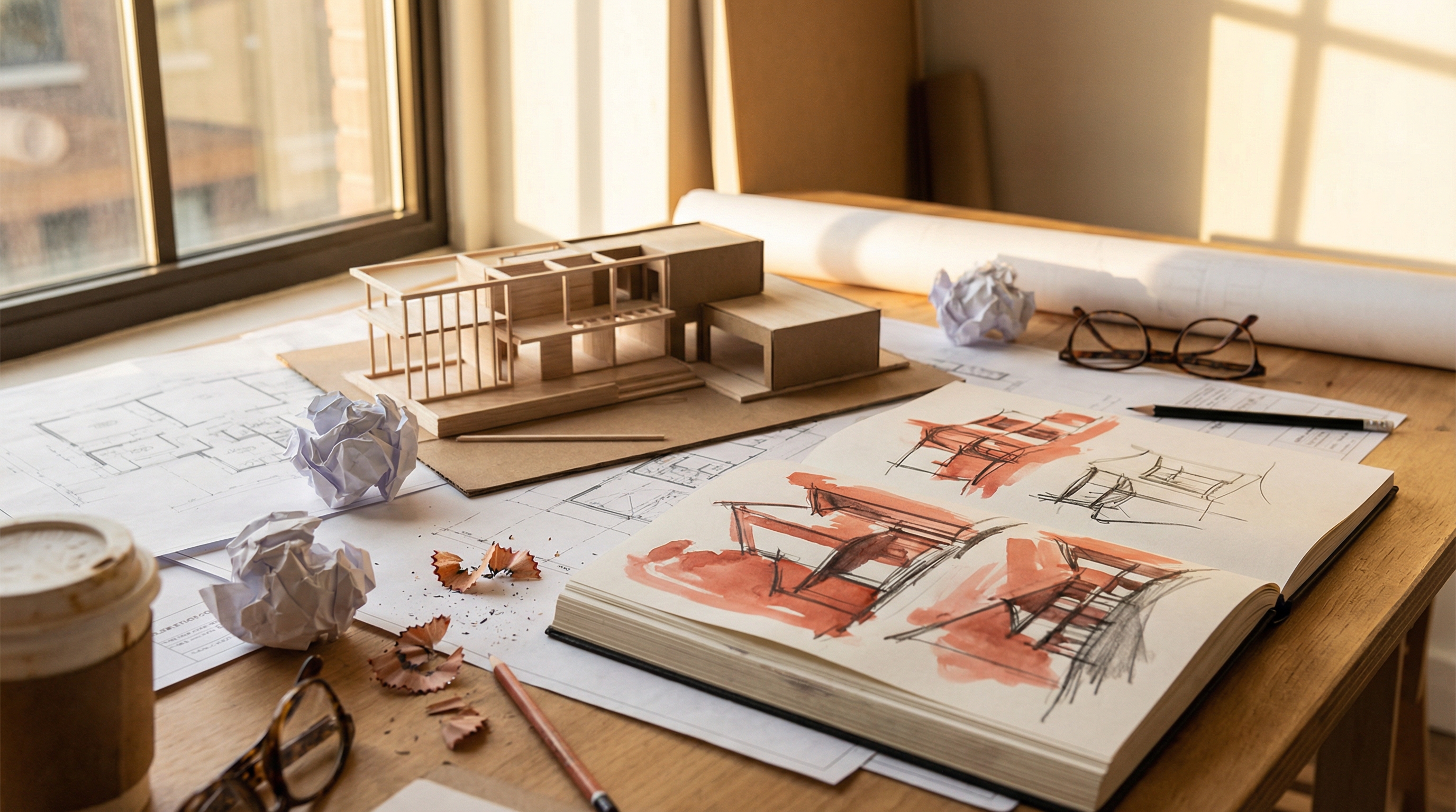 An architect's desk mid-process: rough sketches, crumpled paper, half-built models—the beautiful chaos of thinking made visible