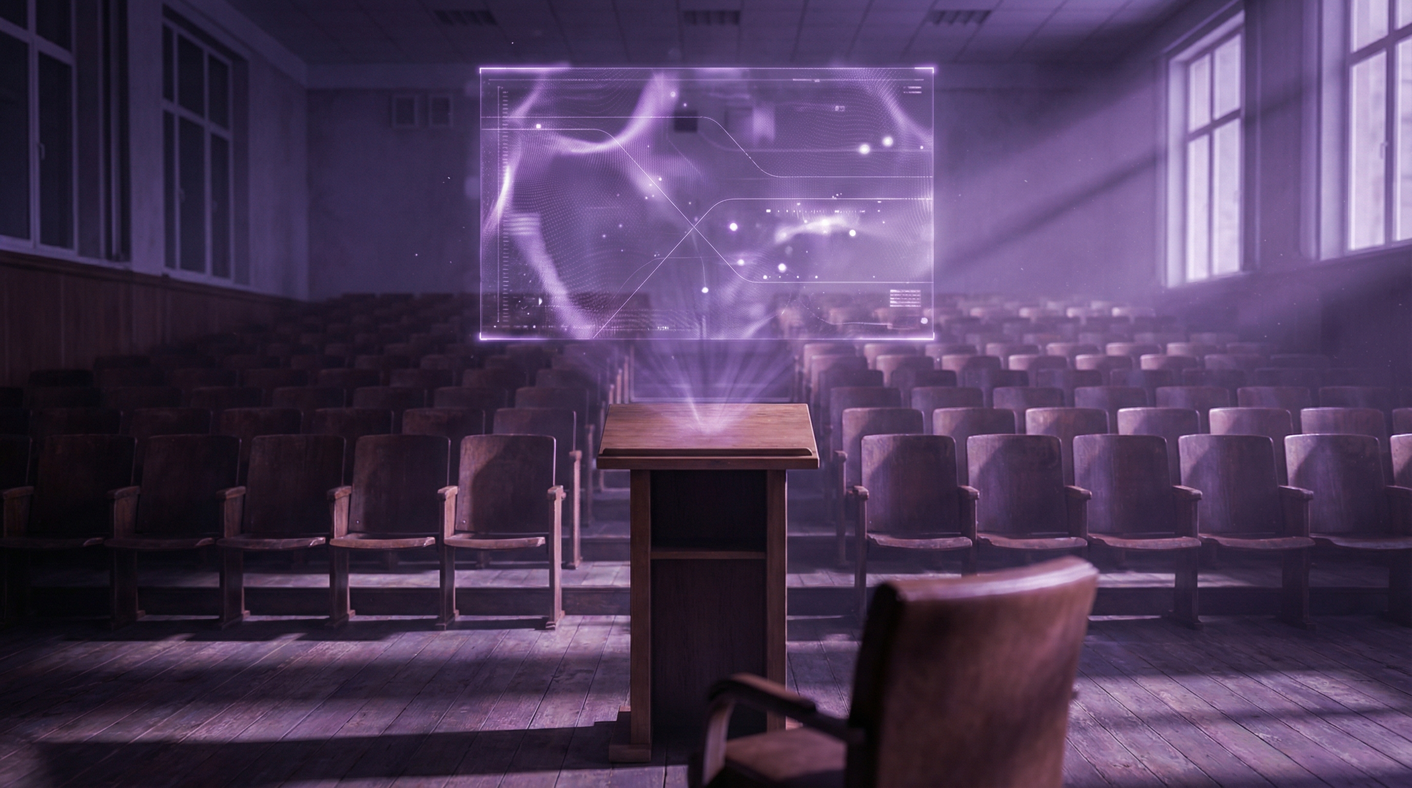 An empty lecture hall with a holographic presentation floating above the podium, violet light casting shadows across rows of empty seats