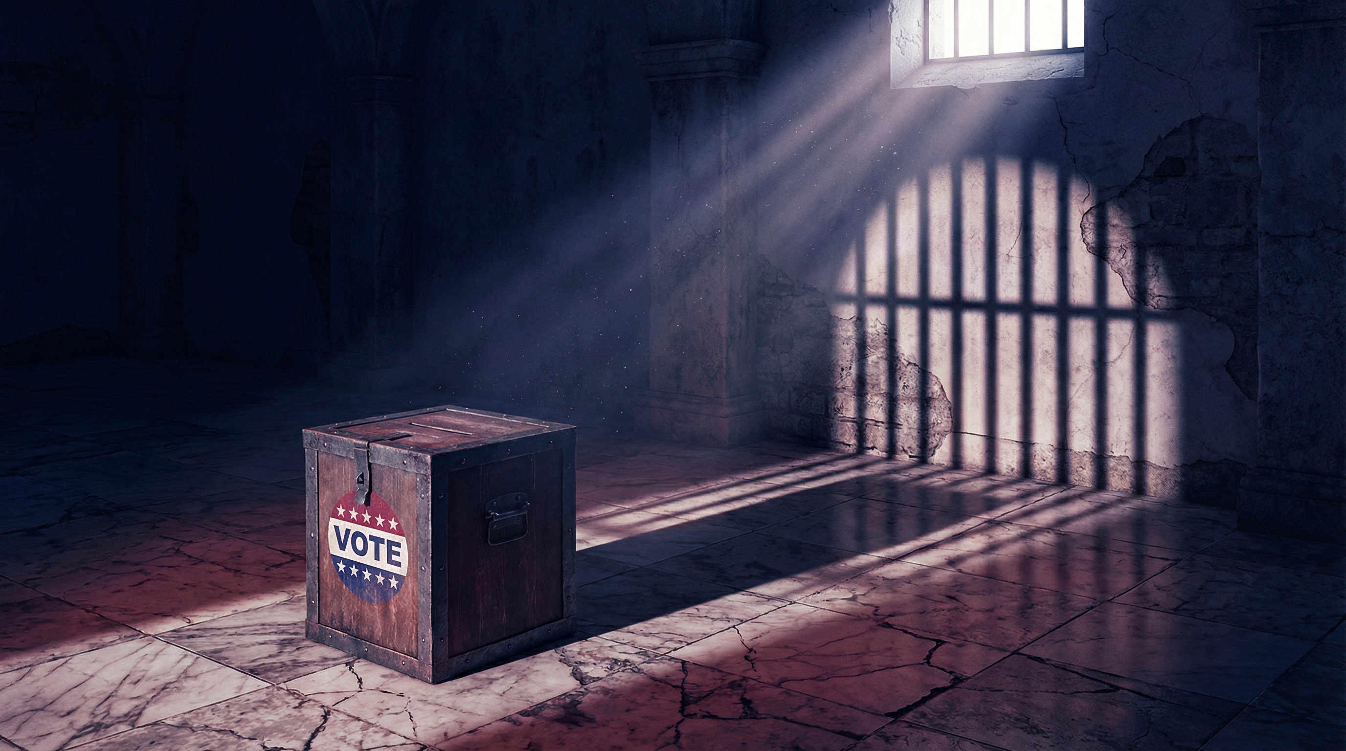 A ballot box casting a shadow that transforms into prison bars, symbolizing the threat to American democracy