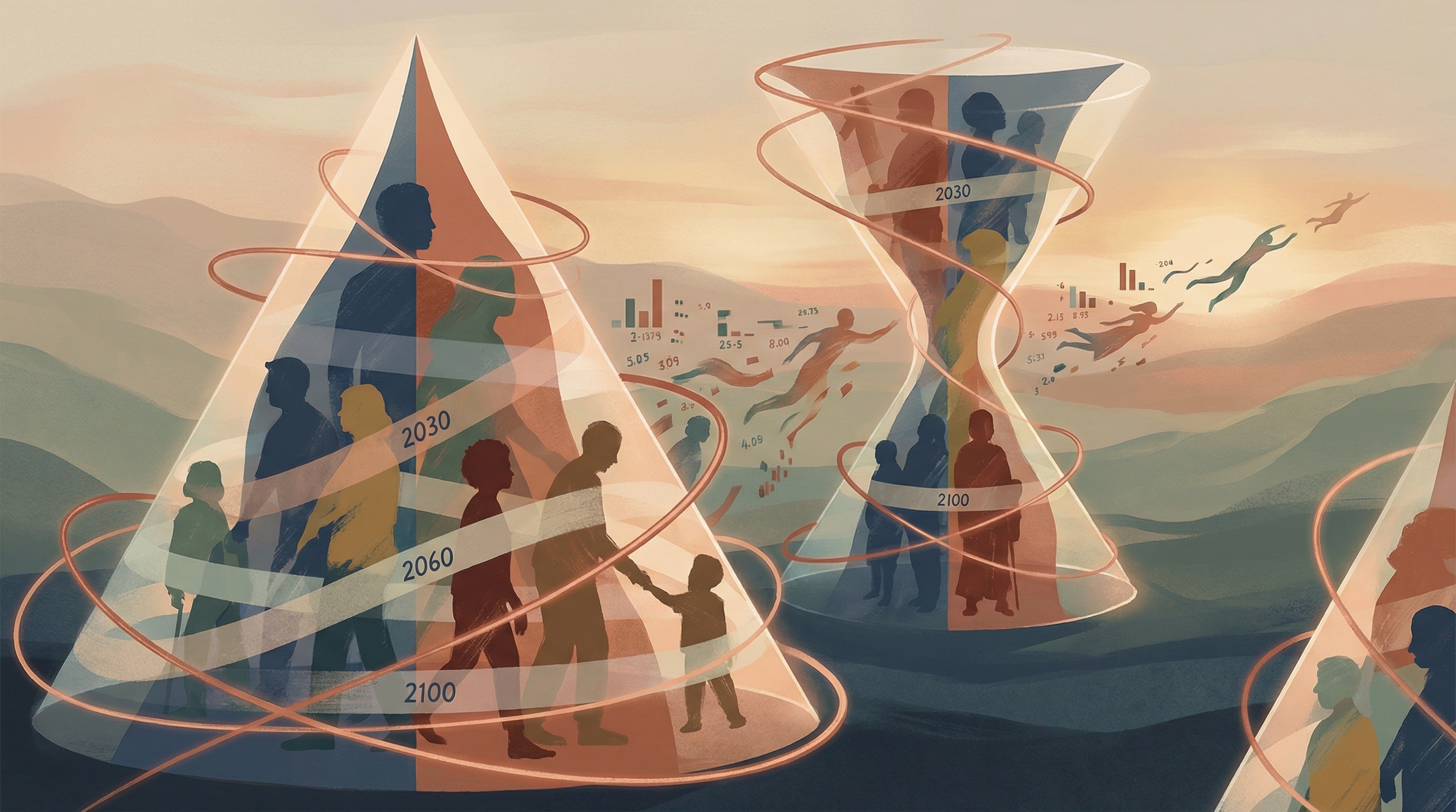 Abstract visualization of America's demographic future with population pyramids morphing into hourglass shapes