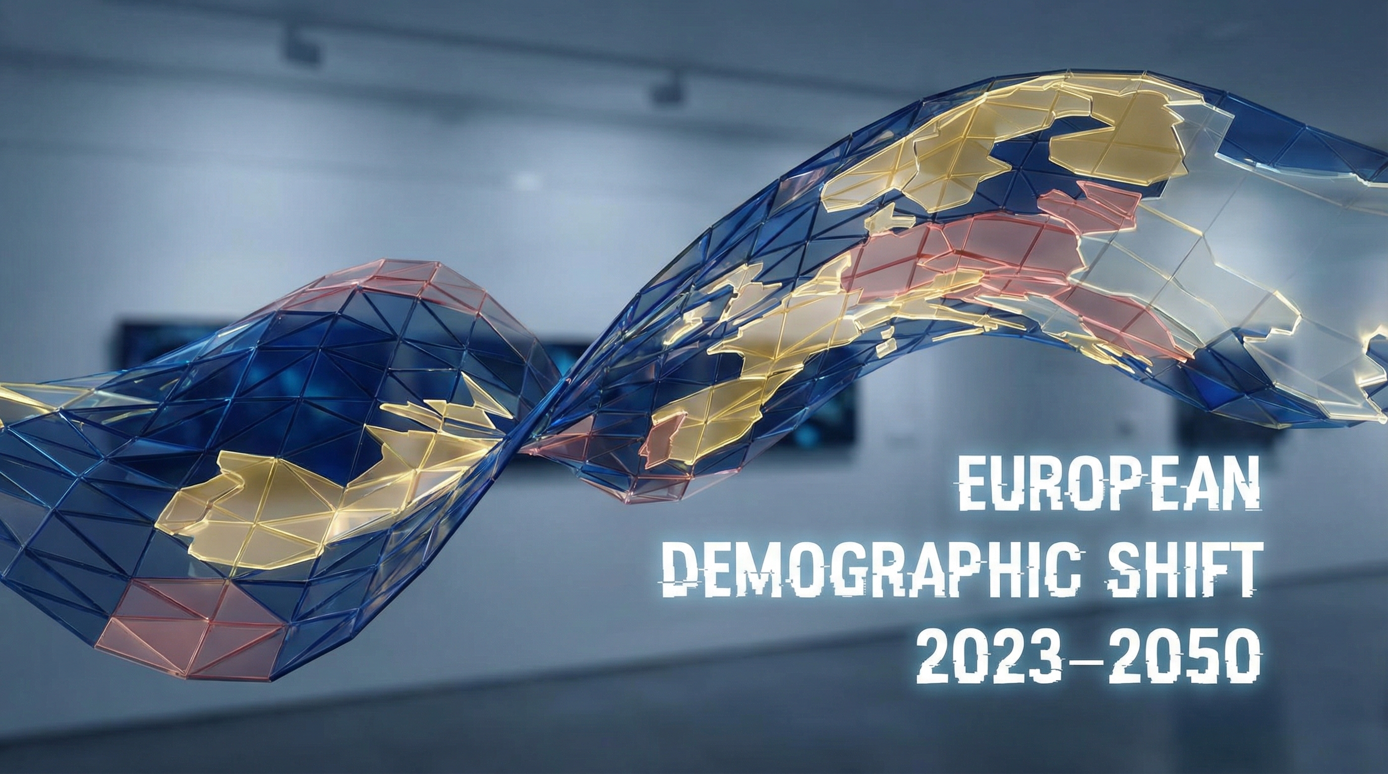 Abstract visualization of European demographic transformation showing population silhouettes flowing through an hourglass