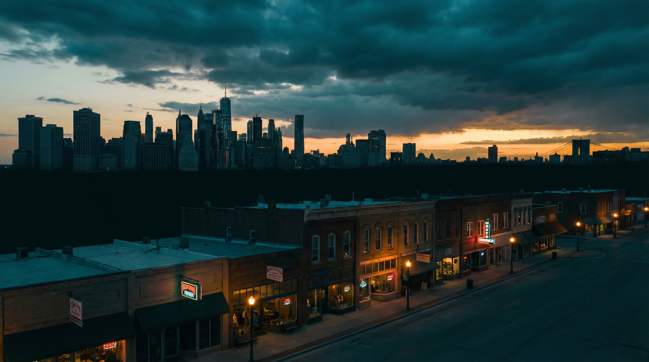 American economic landscape at twilight with Wall Street buildings casting shadows, storm clouds gathering on the horizon with a sliver of golden light