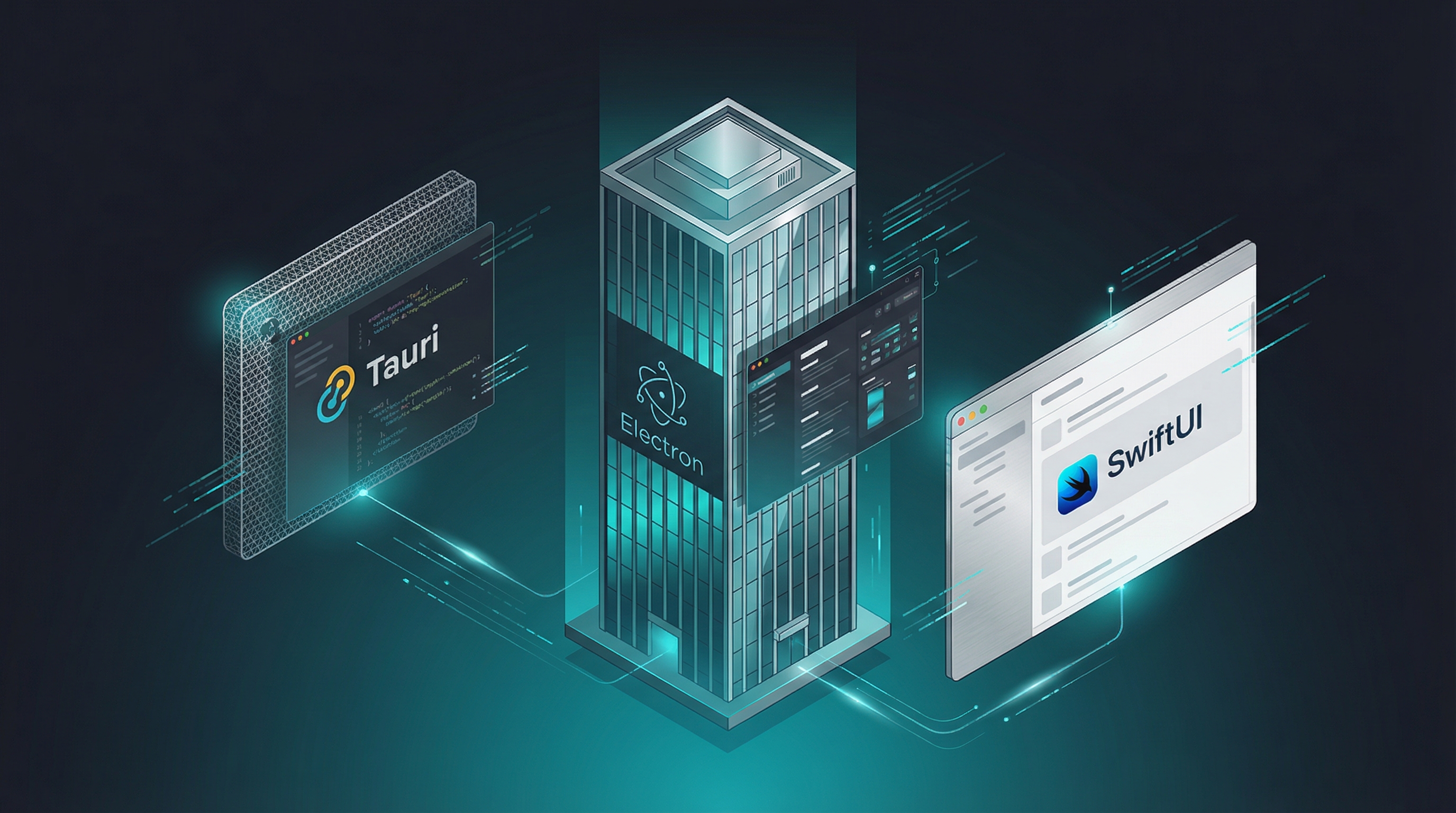 Three desktop application paradigms visualized: lightweight Tauri, heavyweight Electron, and native SwiftUI