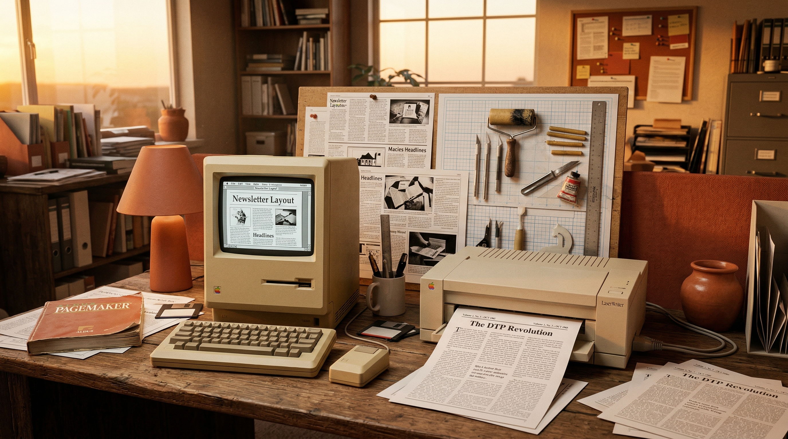 A 1985 desktop publishing workspace with an original Macintosh, LaserWriter printer, and paste-up boards in warm amber lighting