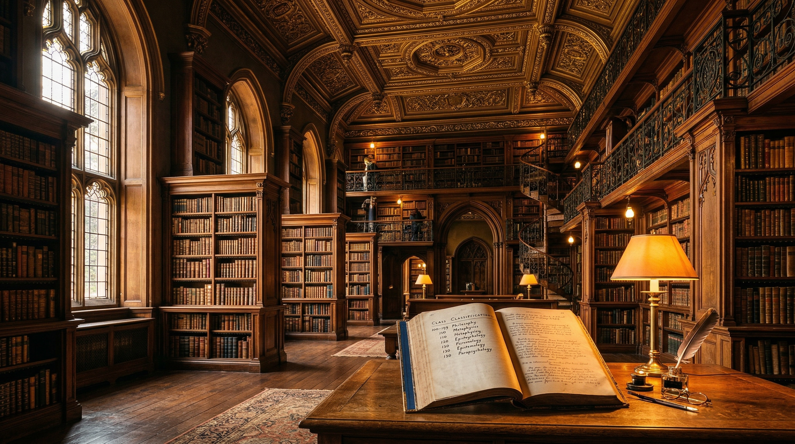 A grand Victorian-era library with towering mahogany bookshelves bathed in golden light
