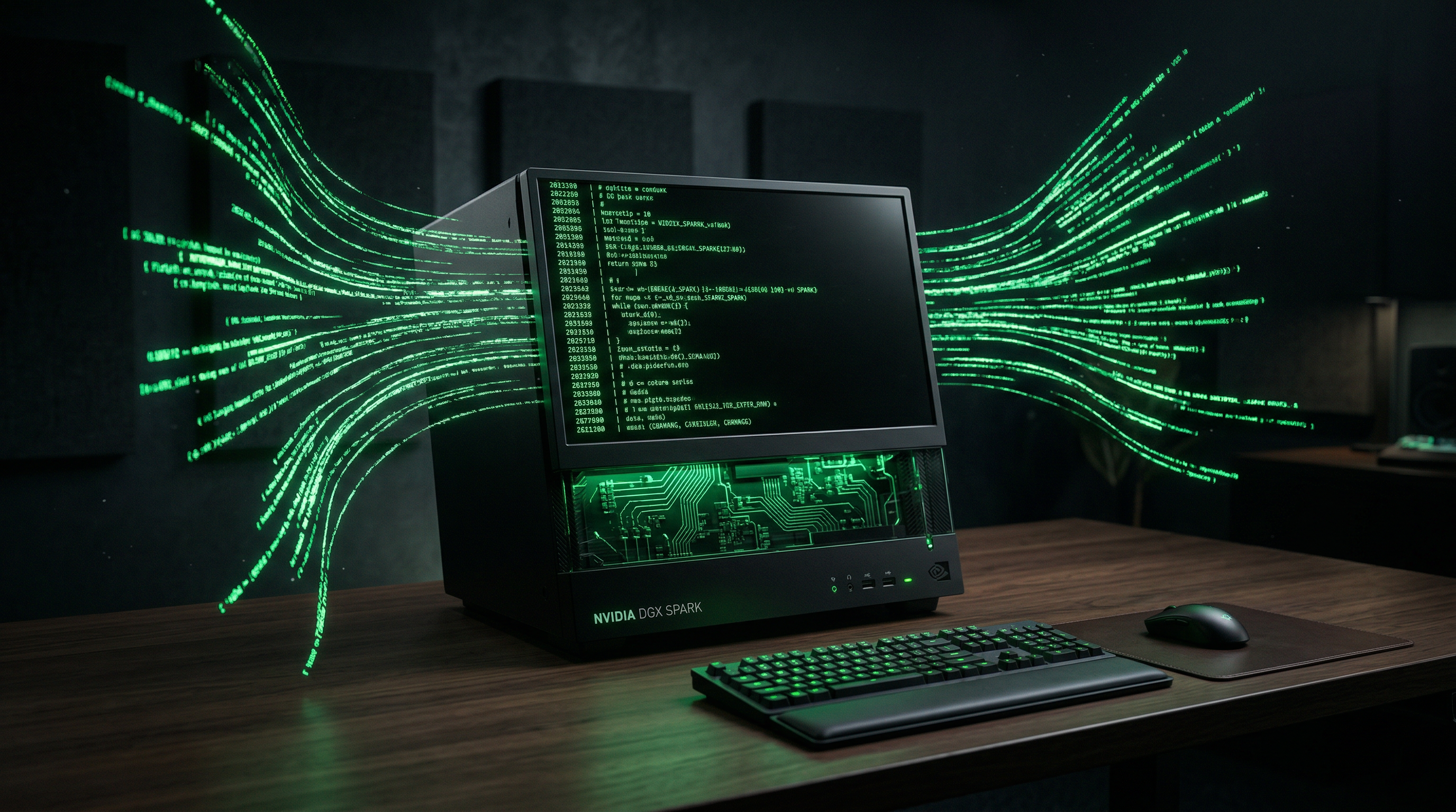 NVIDIA DGX Spark desktop computer with emerald green code streams flowing from its display, dramatic editorial lighting