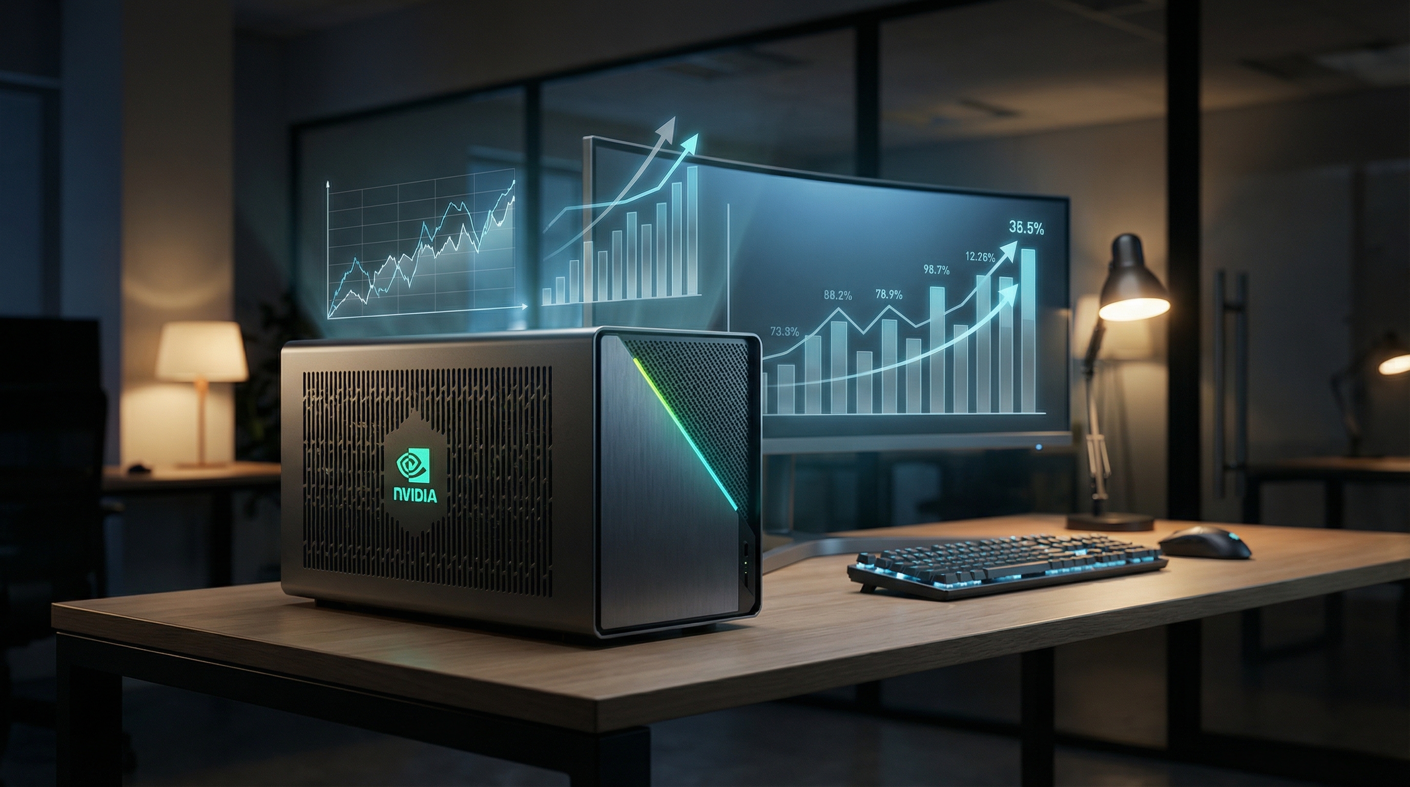 NVIDIA DGX Spark workstation glowing with teal light on a modern desk, holographic revenue charts floating above it