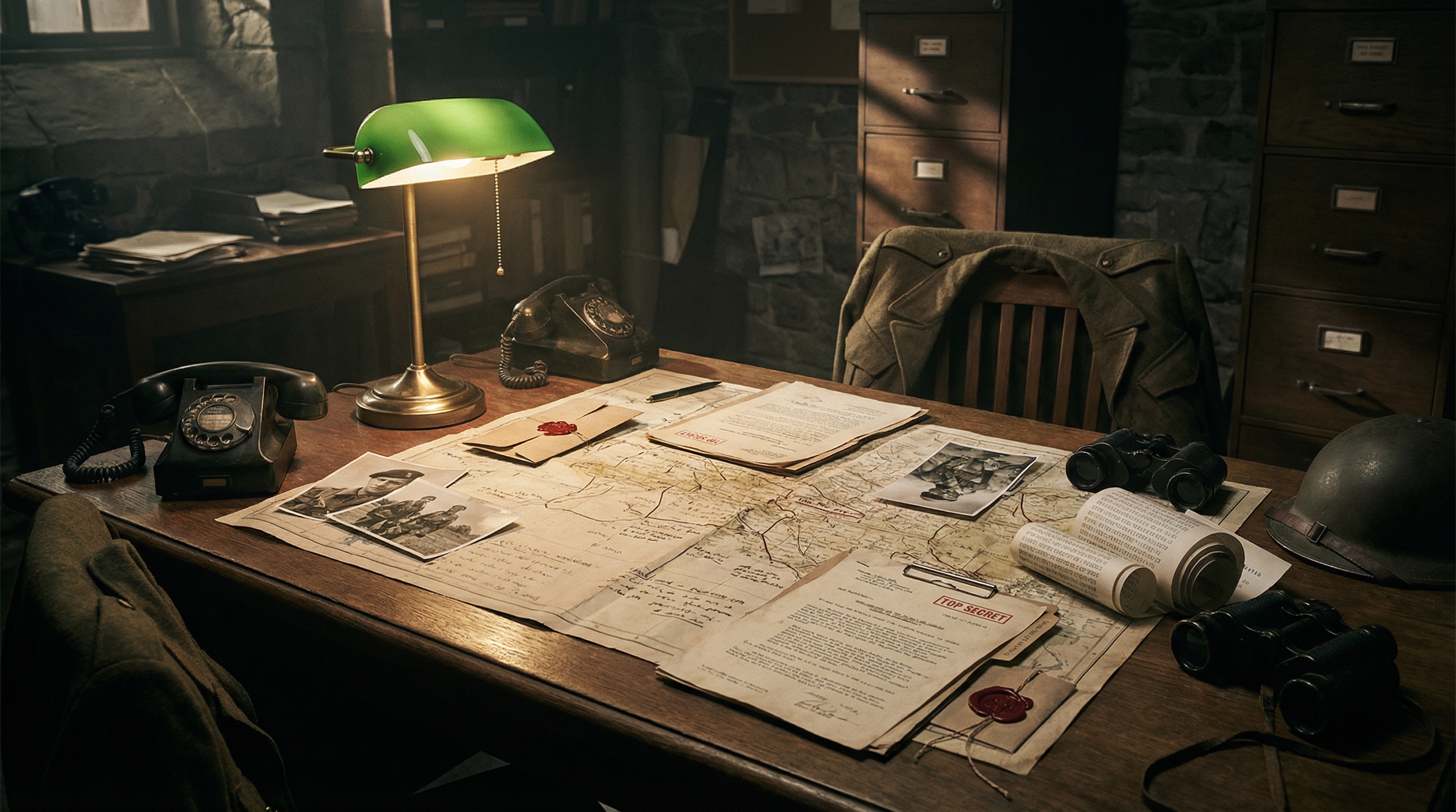 WWII-era war room with classified documents, coded messages, and espionage equipment under dramatic lamplight