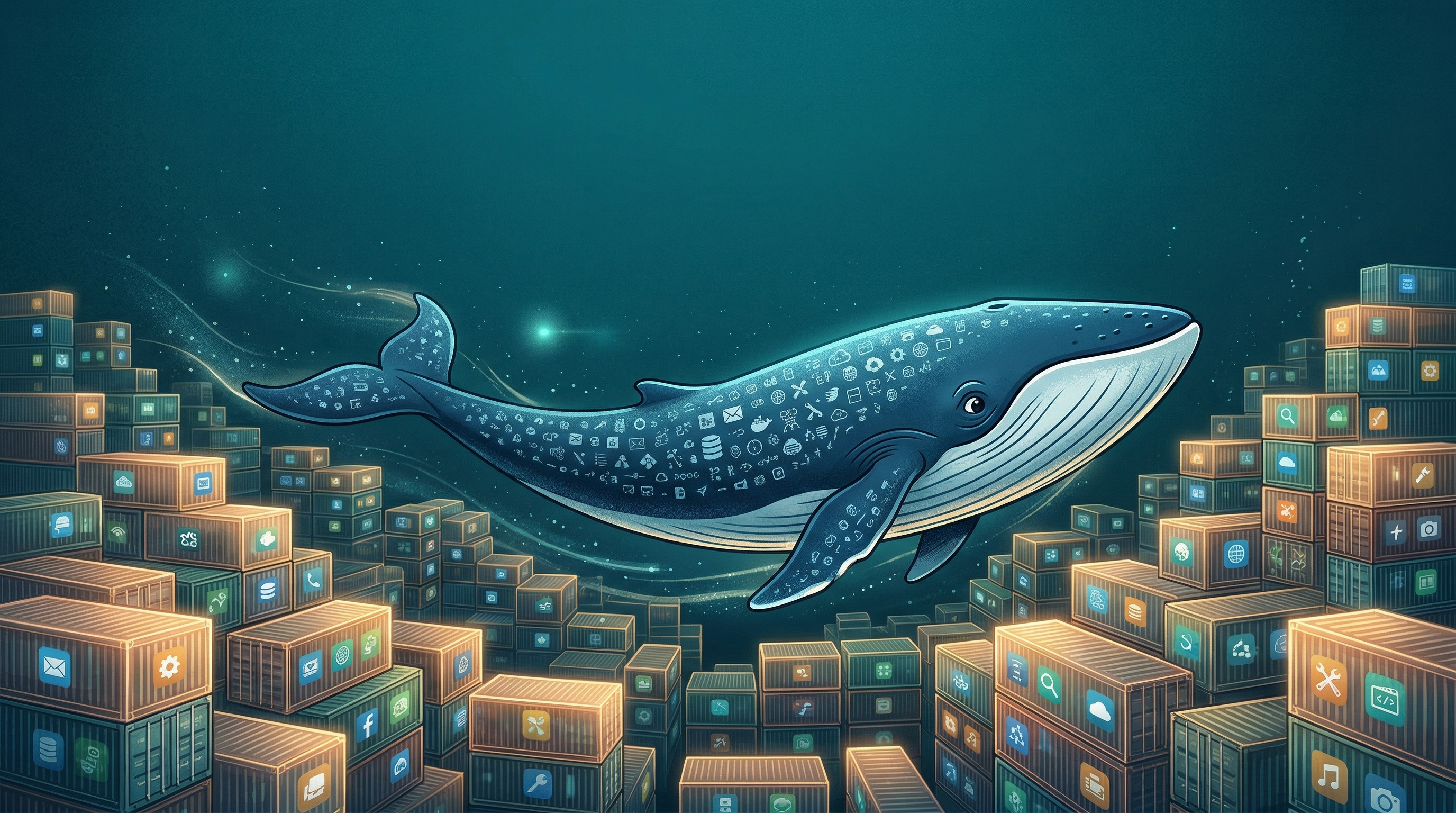A surreal editorial illustration of a massive blue whale swimming through an ocean of glowing shipping containers, each containing different applications