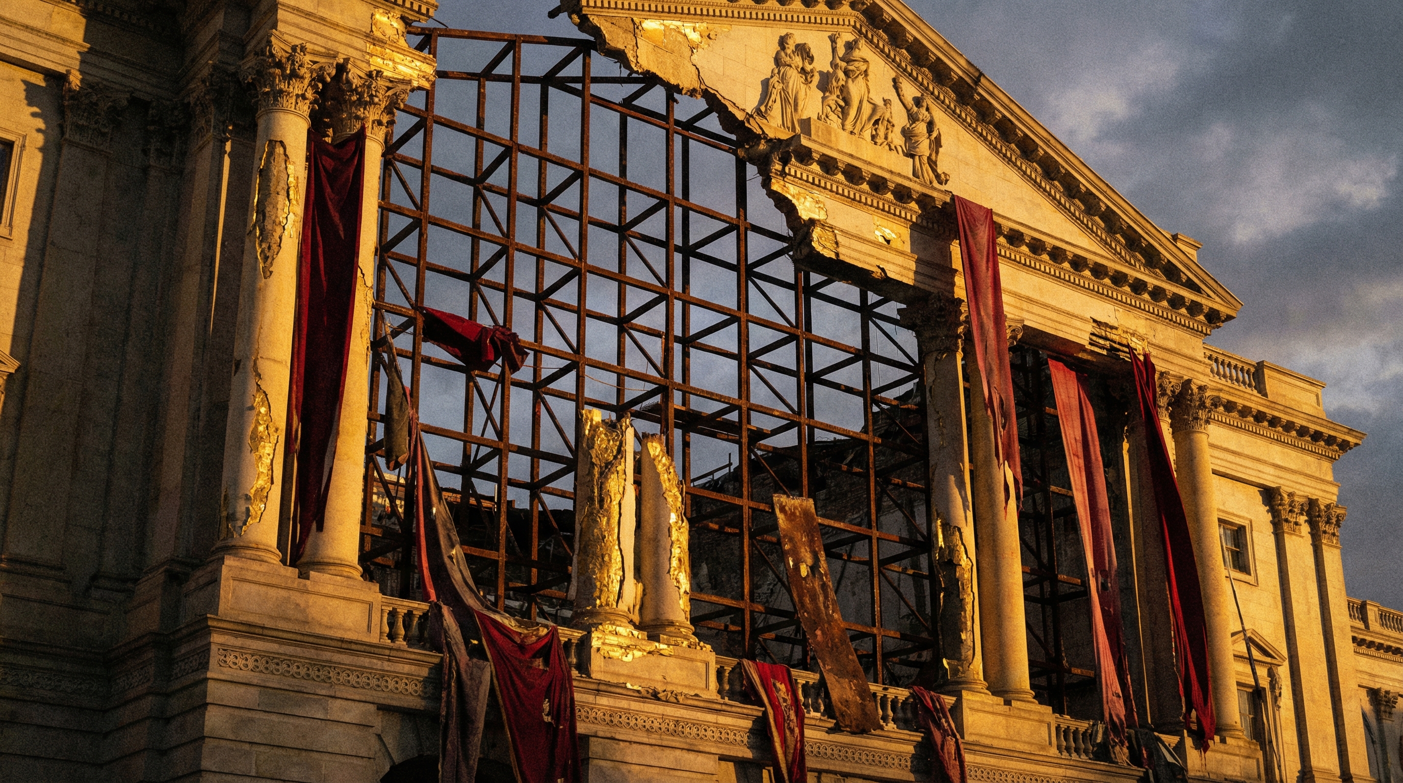 A crumbling golden government building facade revealing hollow scaffolding beneath