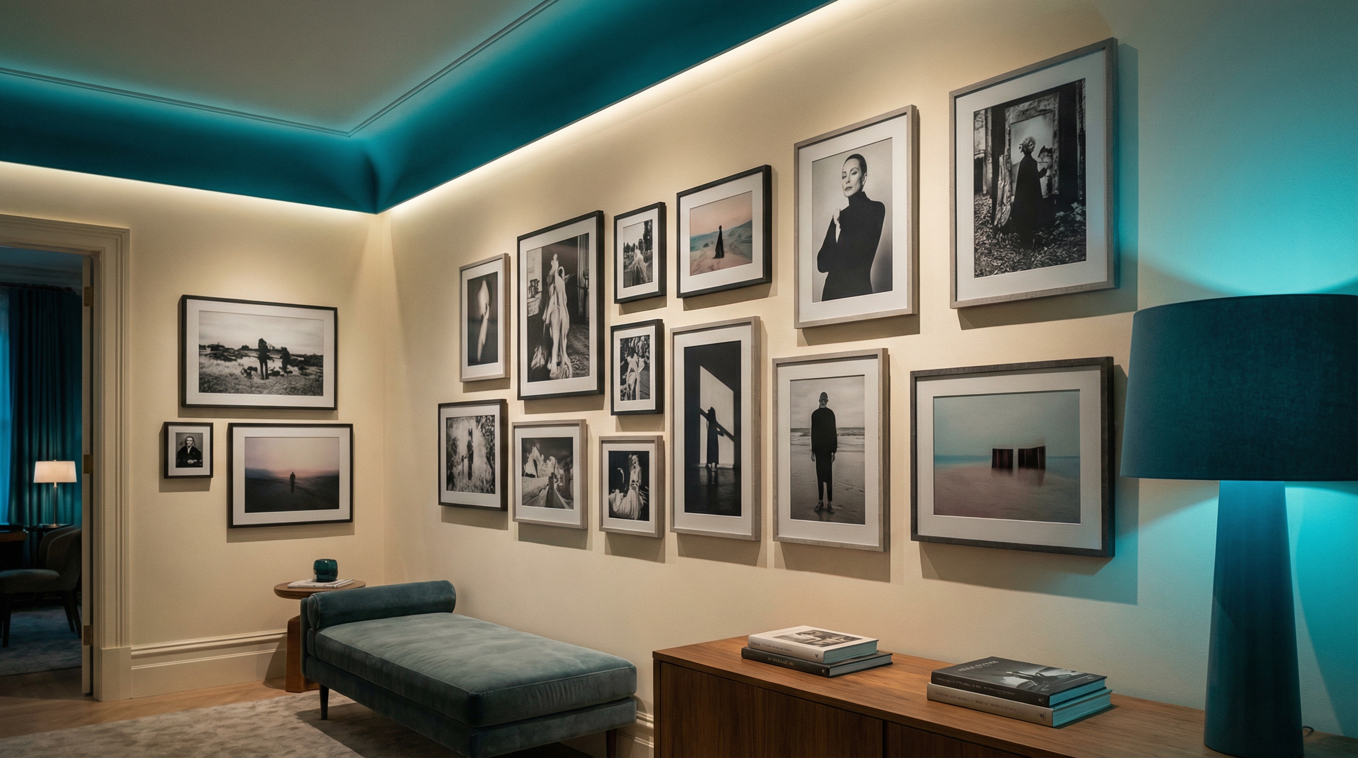 Elegant gallery wall featuring multiple e-ink digital frames displaying fine art photography with teal ambient lighting