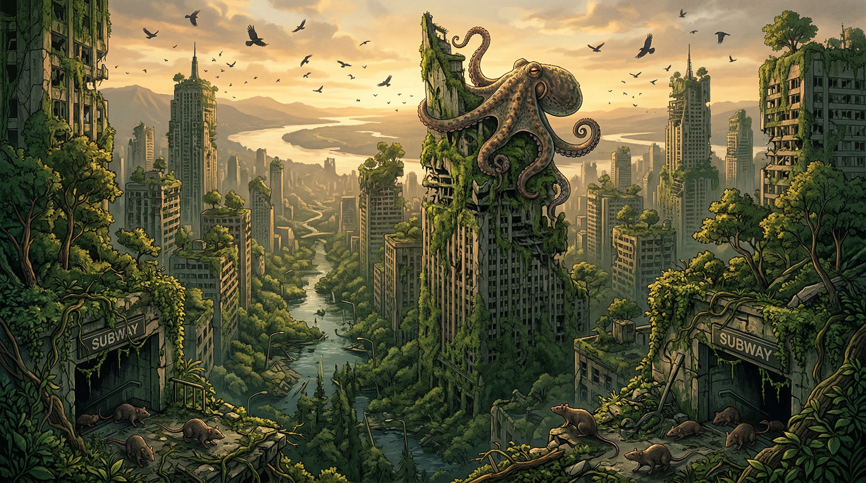 A dramatic view of an overgrown post-human city reclaimed by nature, with octopuses, ravens, and rats inhabiting the ruins