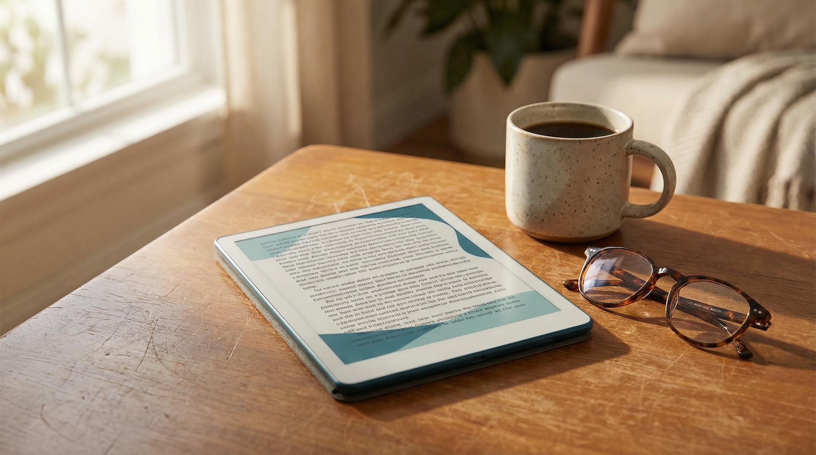 A next-generation e-ink reader on a wooden desk with warm morning light, representing the evolving future of digital reading