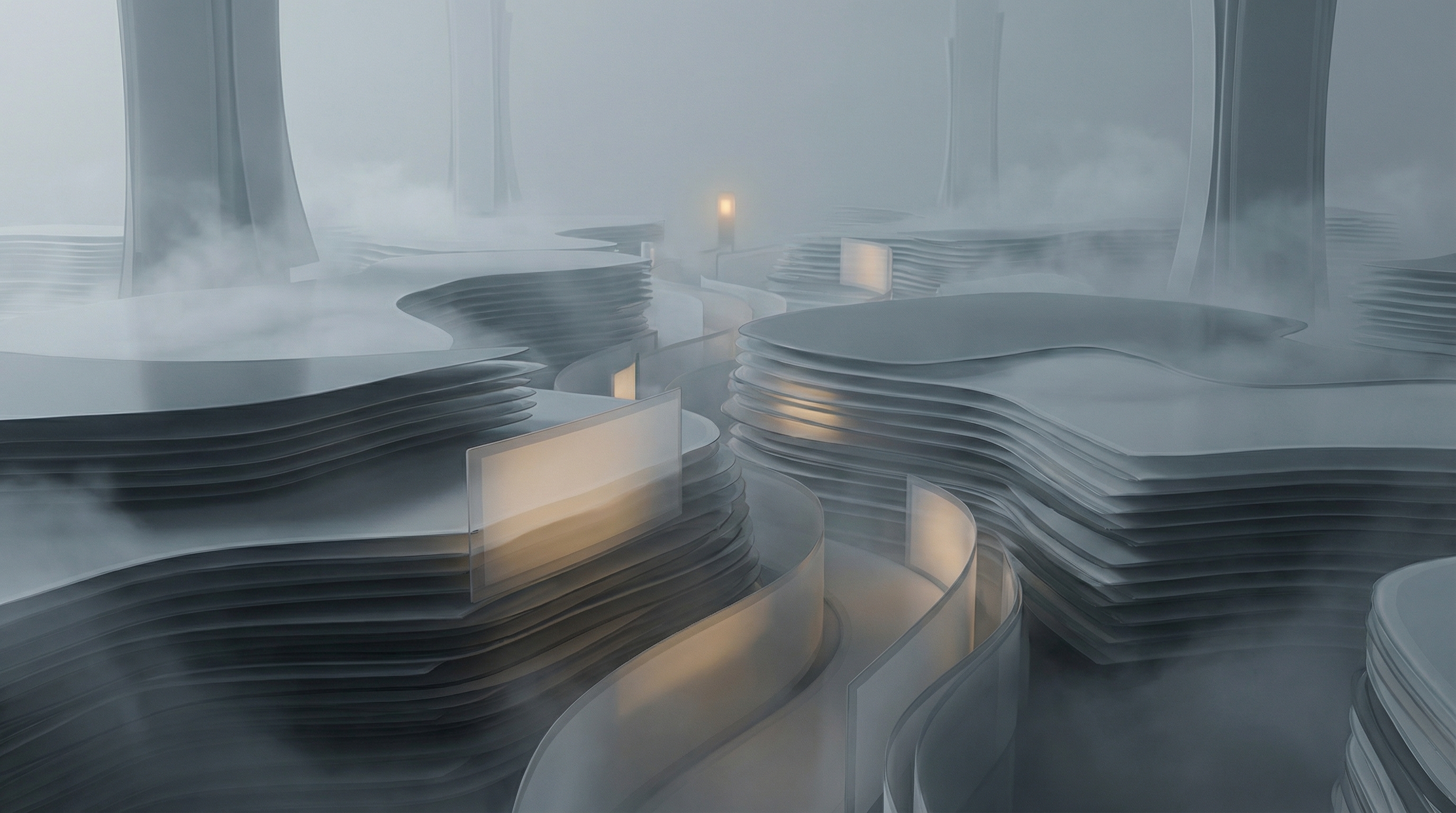 E-paper displays emerging from misty layers, soft graphite tones with amber accent light