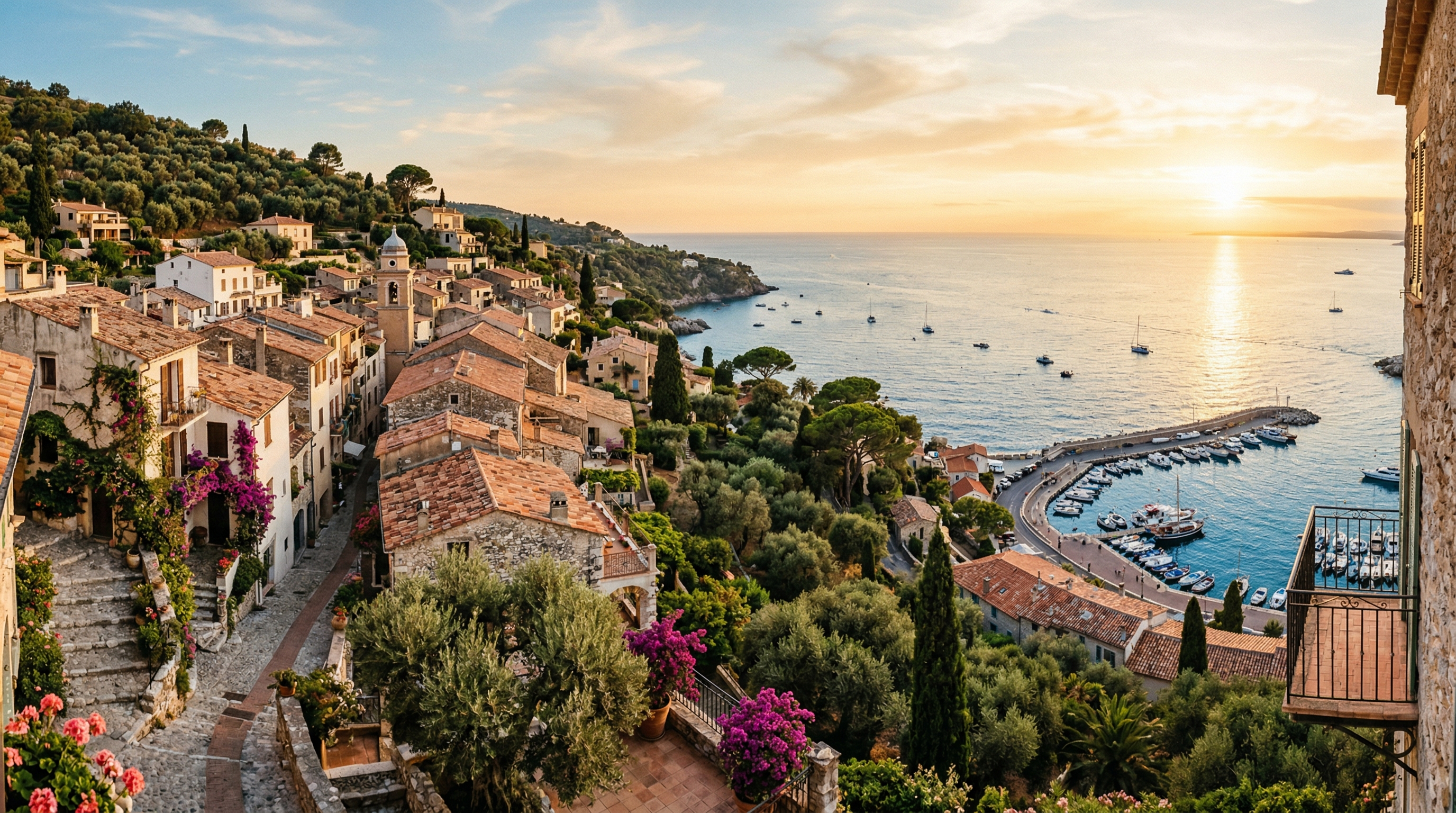 Panoramic Mediterranean coastline with terracotta rooftops cascading toward azure waters at golden hour