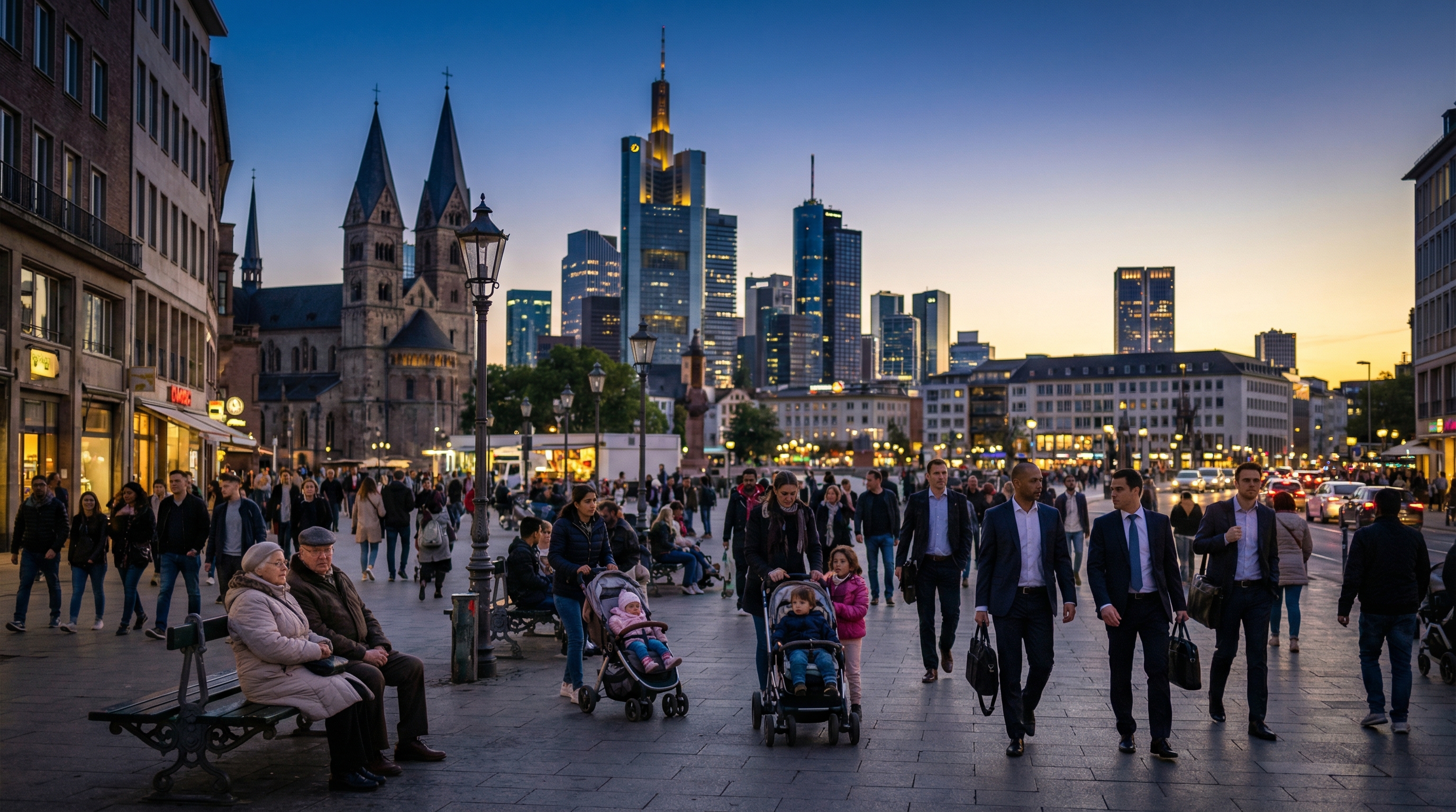 European cityscape at dusk showing diverse crowds in a grand plaza, blending ancient and modern architecture