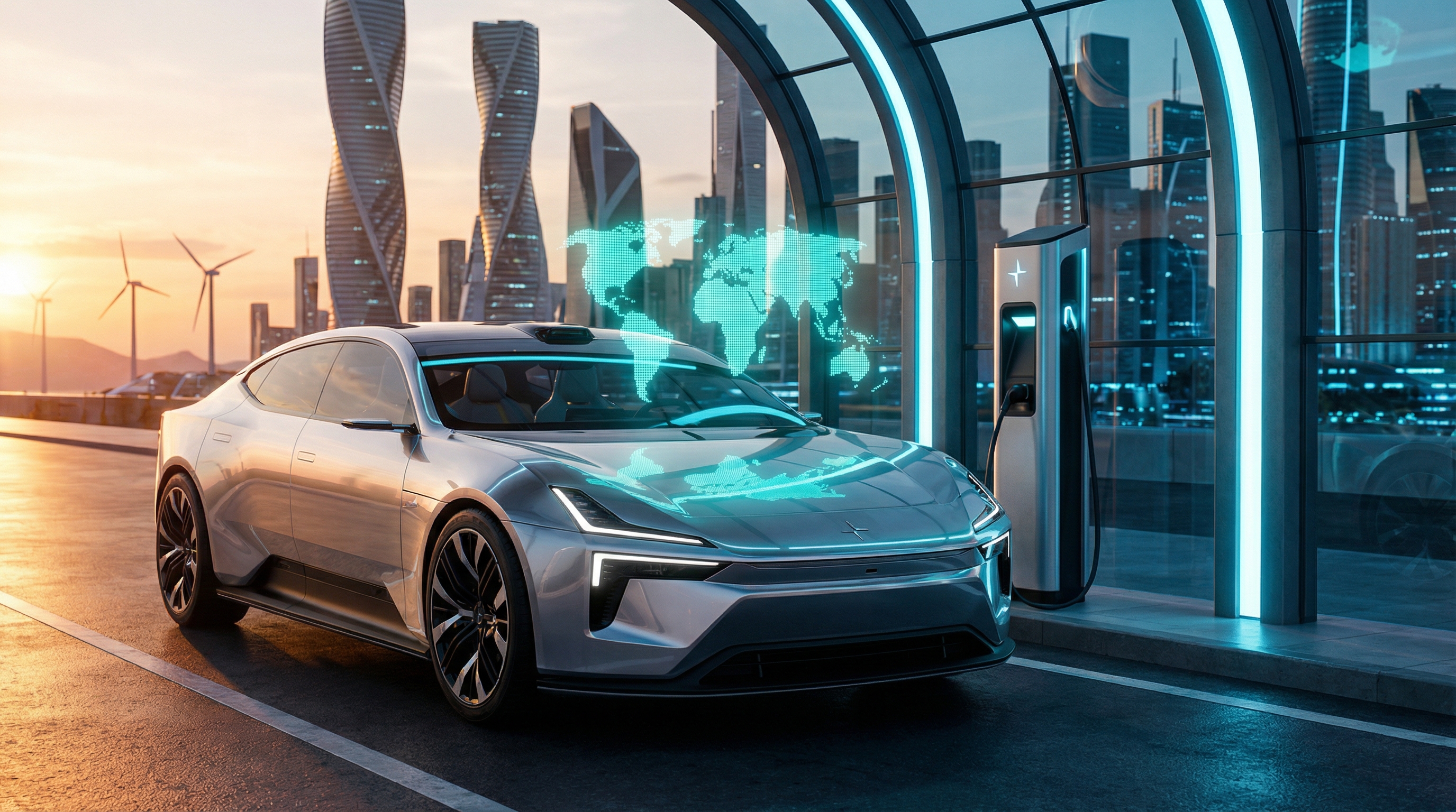 Electric vehicle charging at a futuristic station with a glowing world map, symbolizing global EV adoption