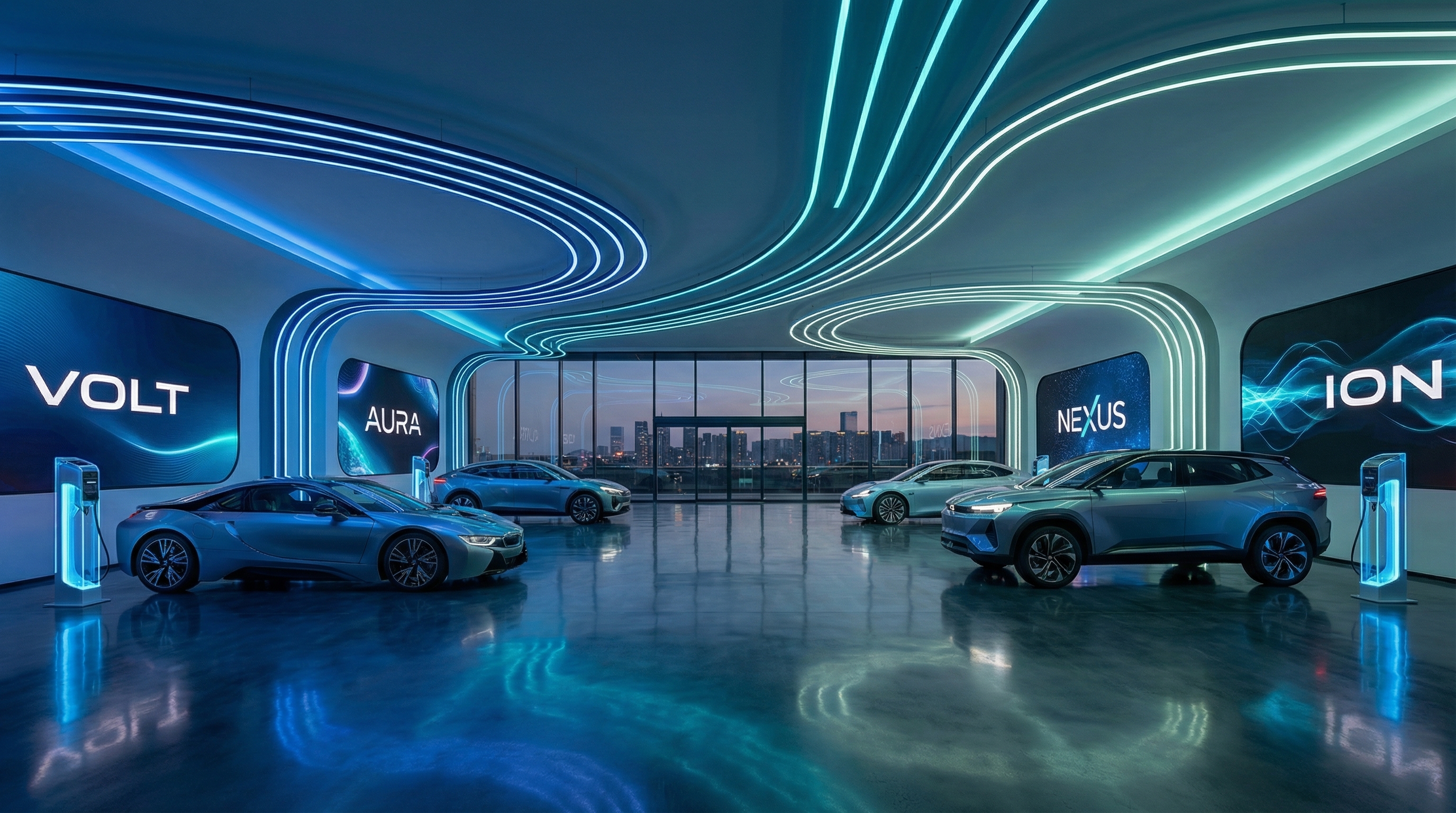 Futuristic electric vehicle showroom with sleek EVs bathed in teal lighting