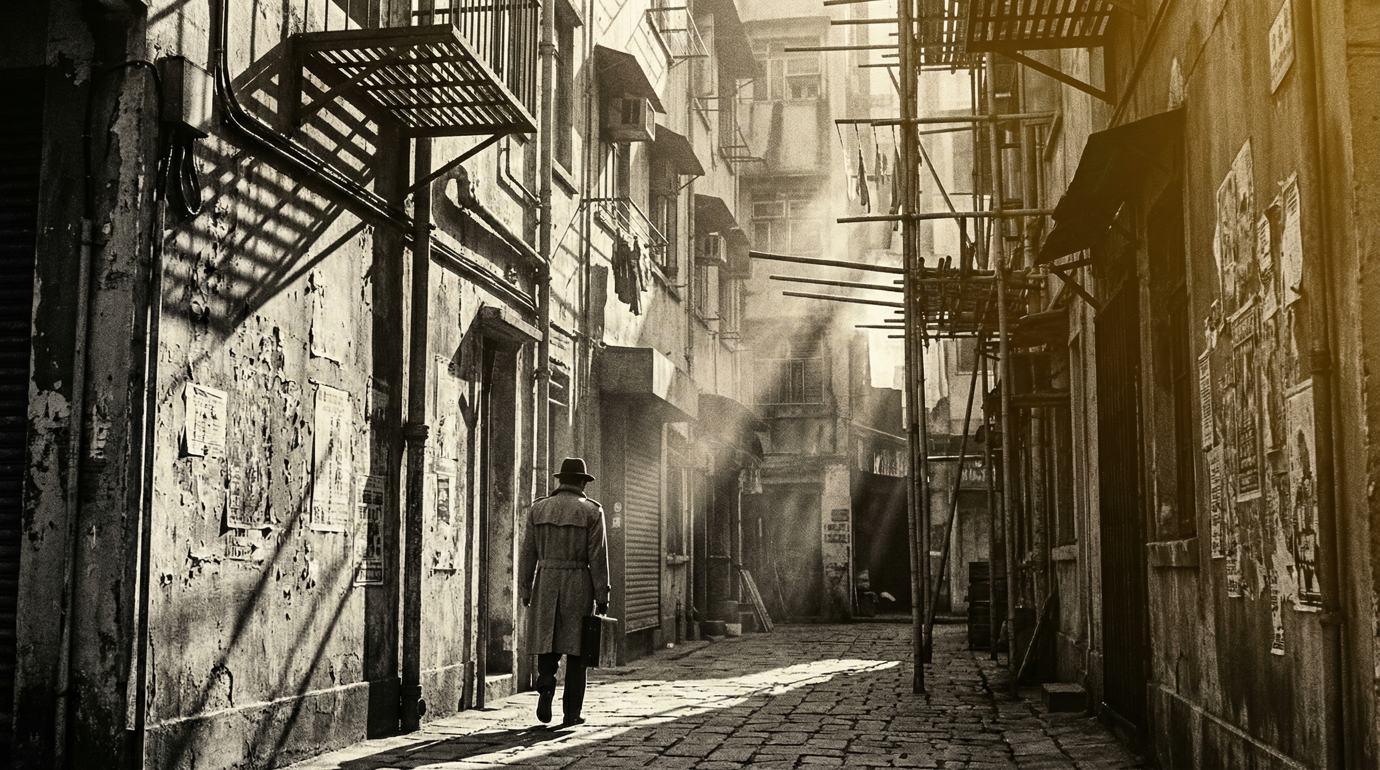 A solitary figure walks through a Hong Kong alley bathed in dramatic golden light, long shadows stretching across textured walls