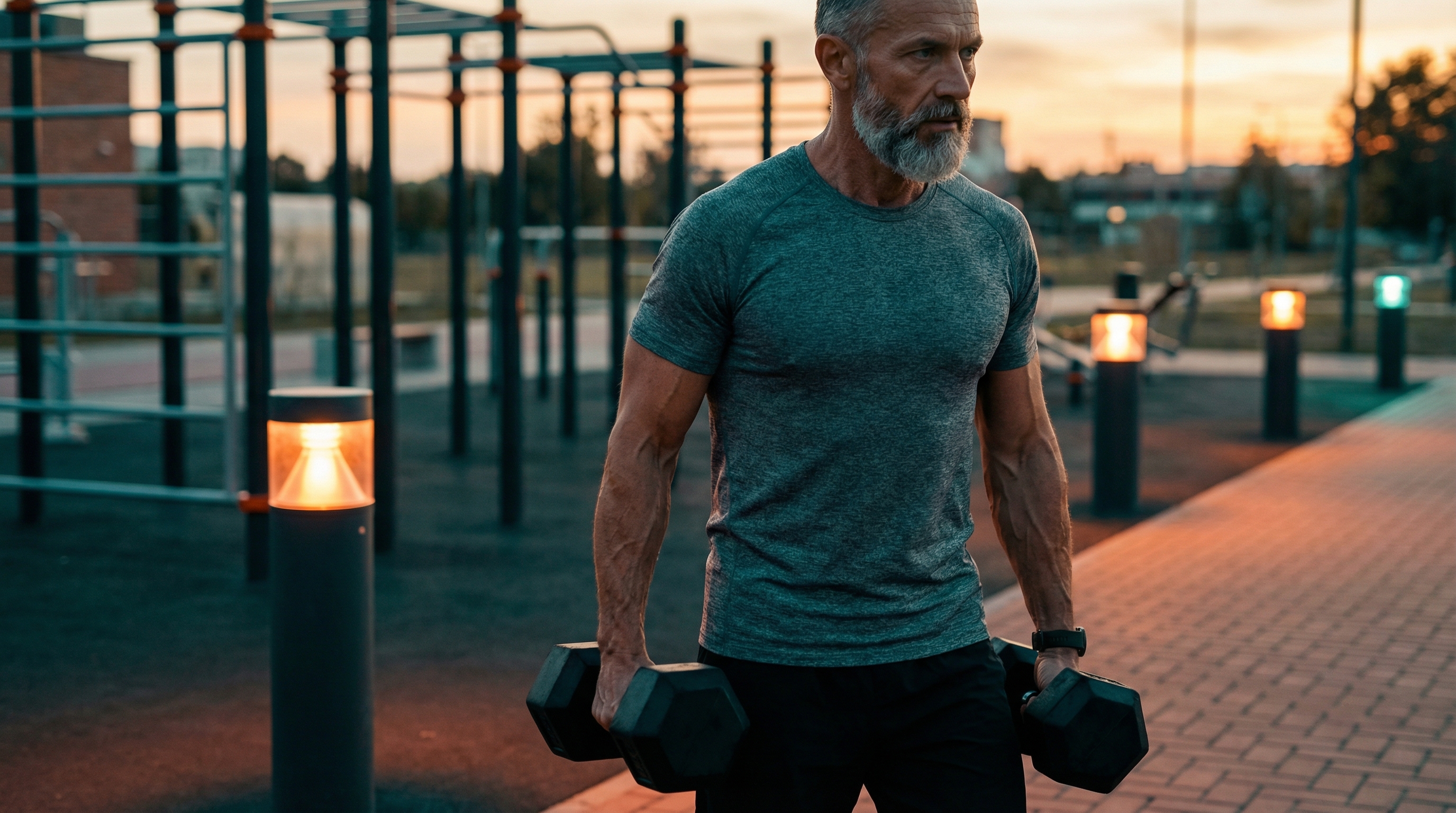 Man performing farmer's walk at golden hour in urban fitness park