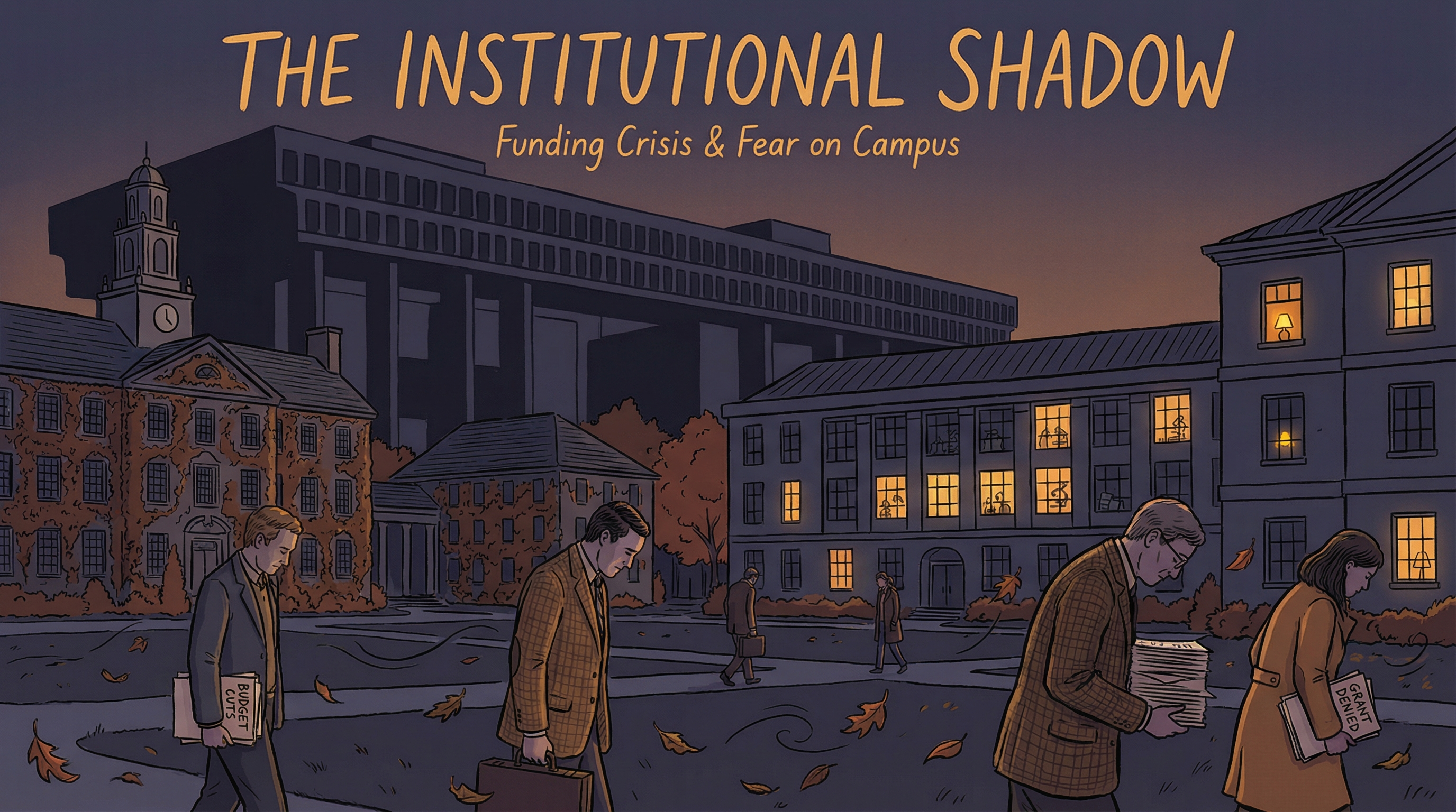 University campus at twilight with federal building casting shadow, research labs with flickering lights, faculty walking with heads down
