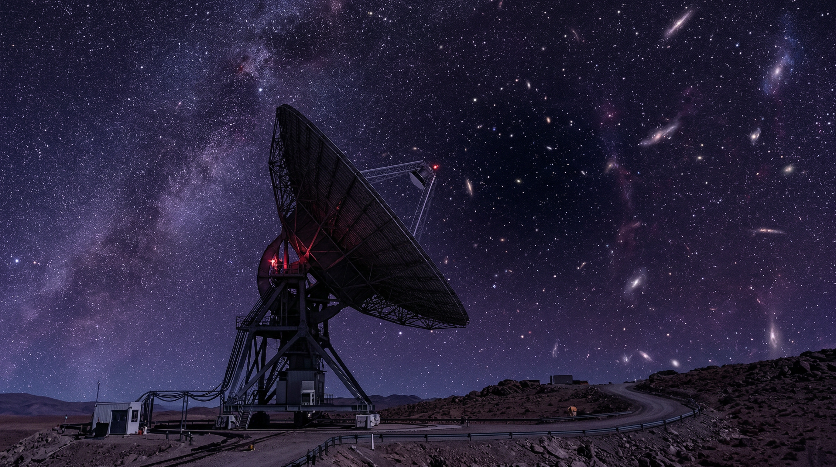 A vast cosmic void with billions of stars and a lone radio telescope, representing the profound silence of the universe