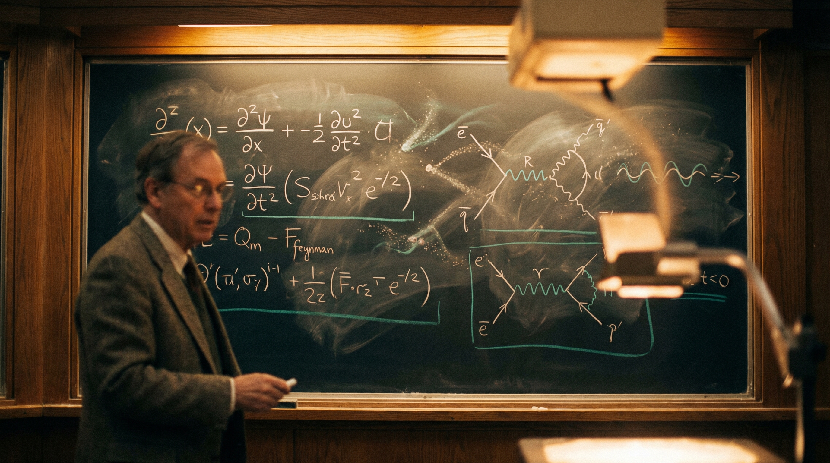 Chalkboard with Feynman diagrams and physics equations in teal and amber tones