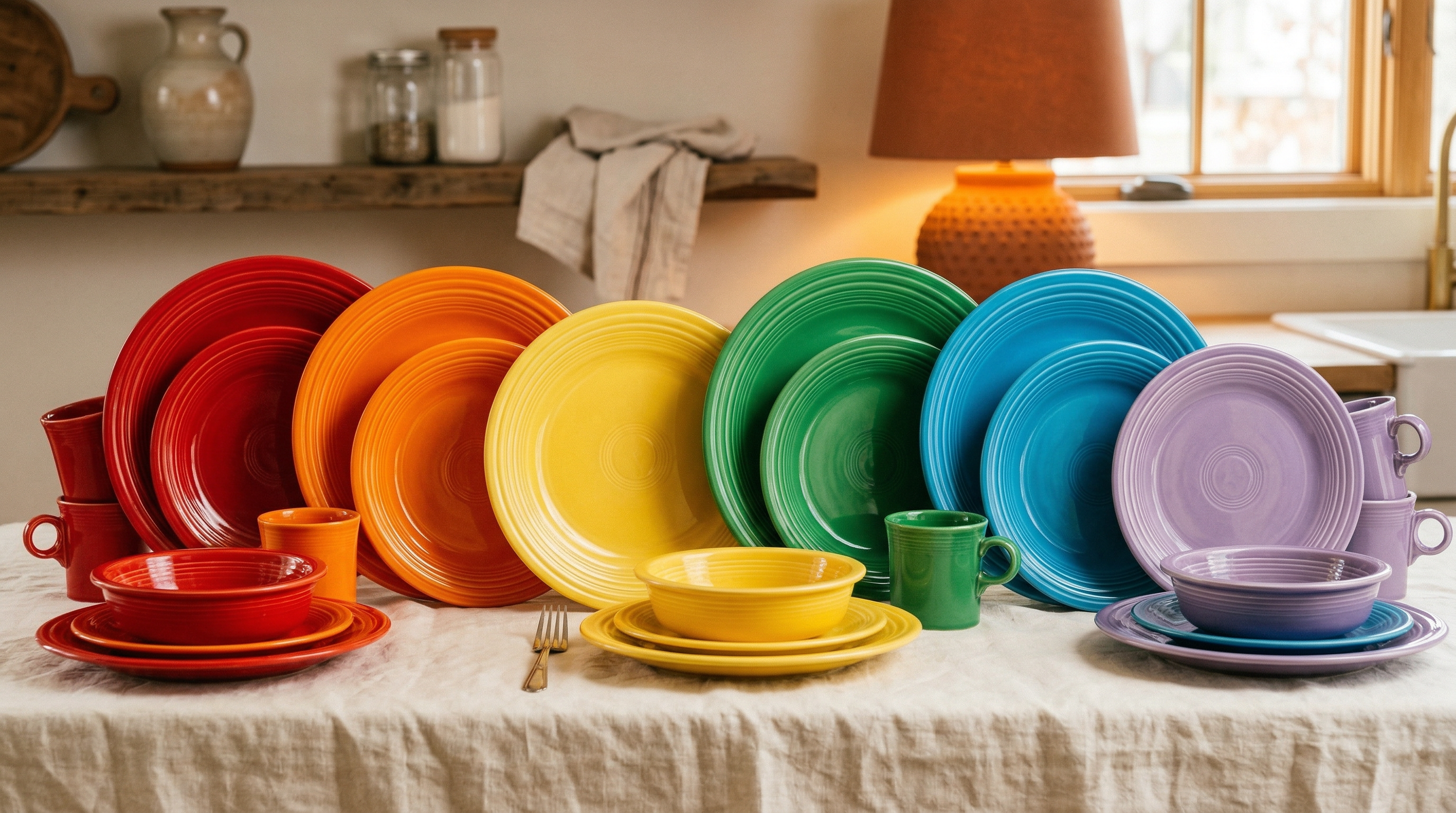 A rainbow cascade of Homer Laughlin Fiesta dinnerware in scarlet, sunflower, cobalt, shamrock, and tangerine, with concentric ring patterns catching warm light