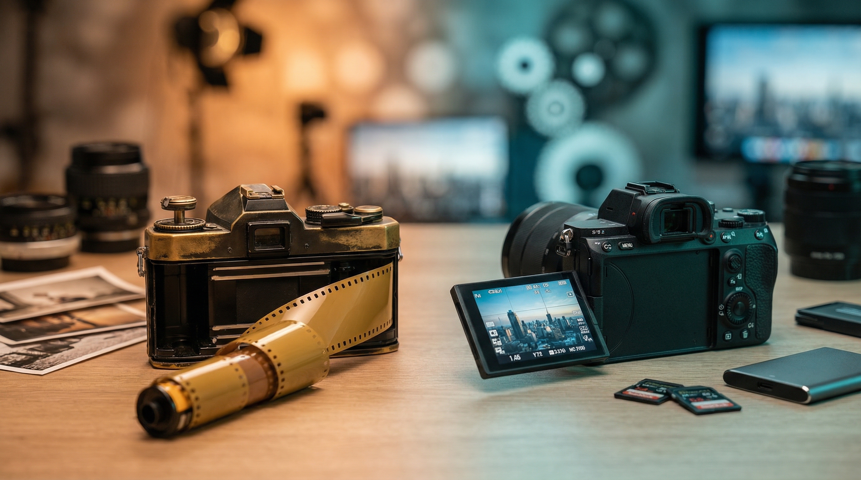 Split composition: vintage film camera meets modern mirrorless digital