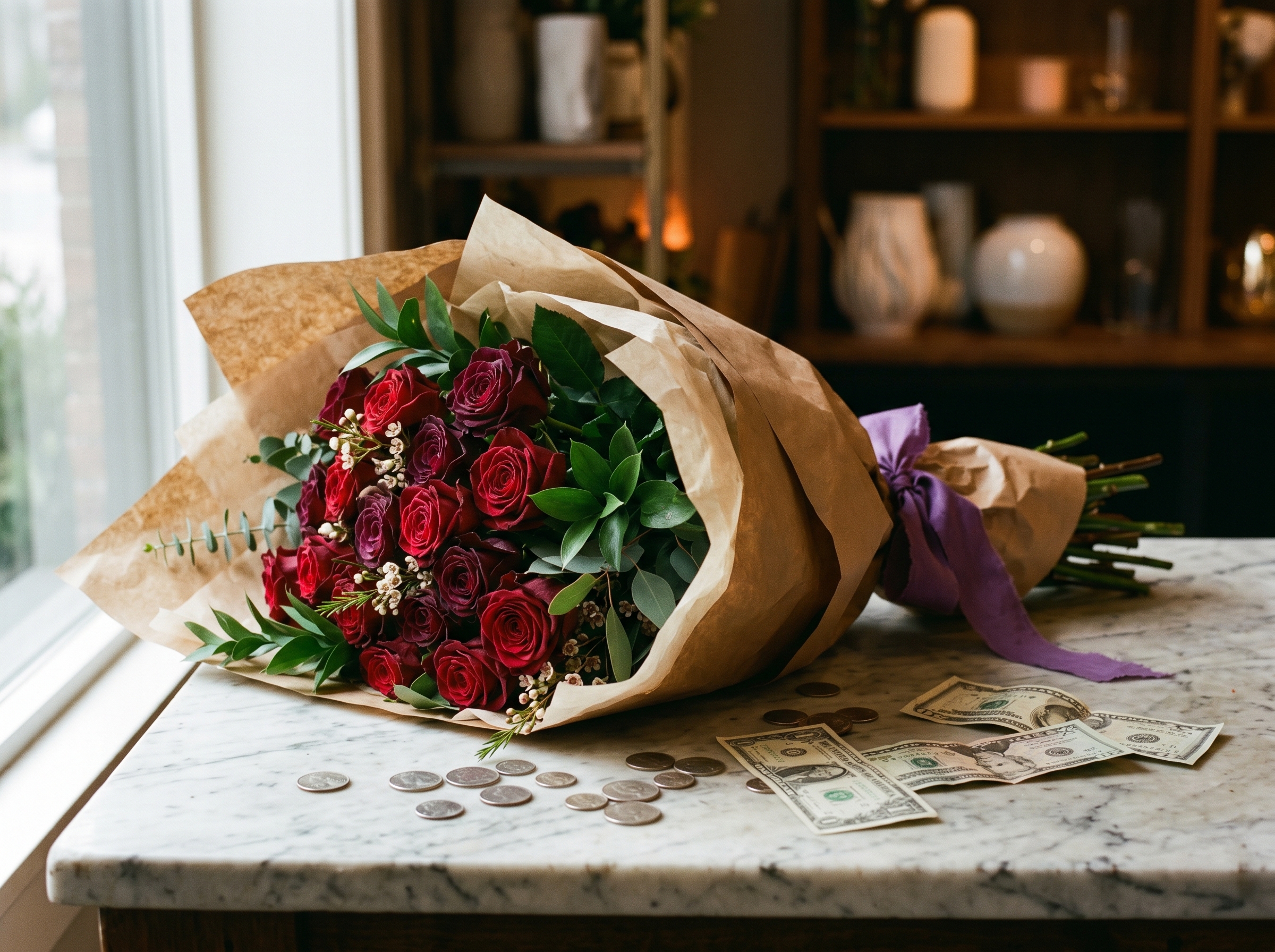 Lush spring floral arrangement with garden roses, peonies, and ranunculus in soft morning light