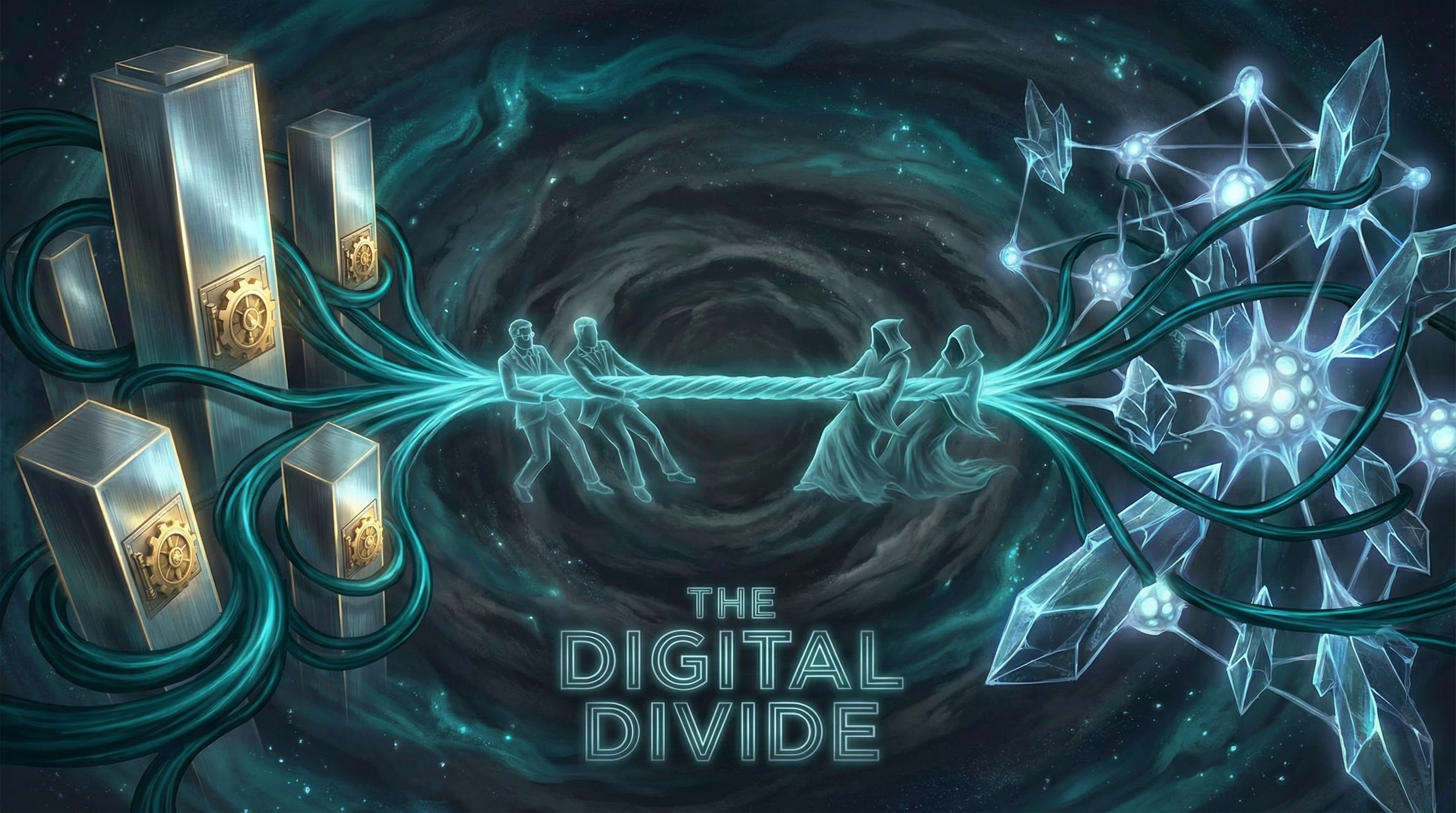 An epic tug-of-war between corporate AI towers and an open-source crystalline network, rendered in deep teal