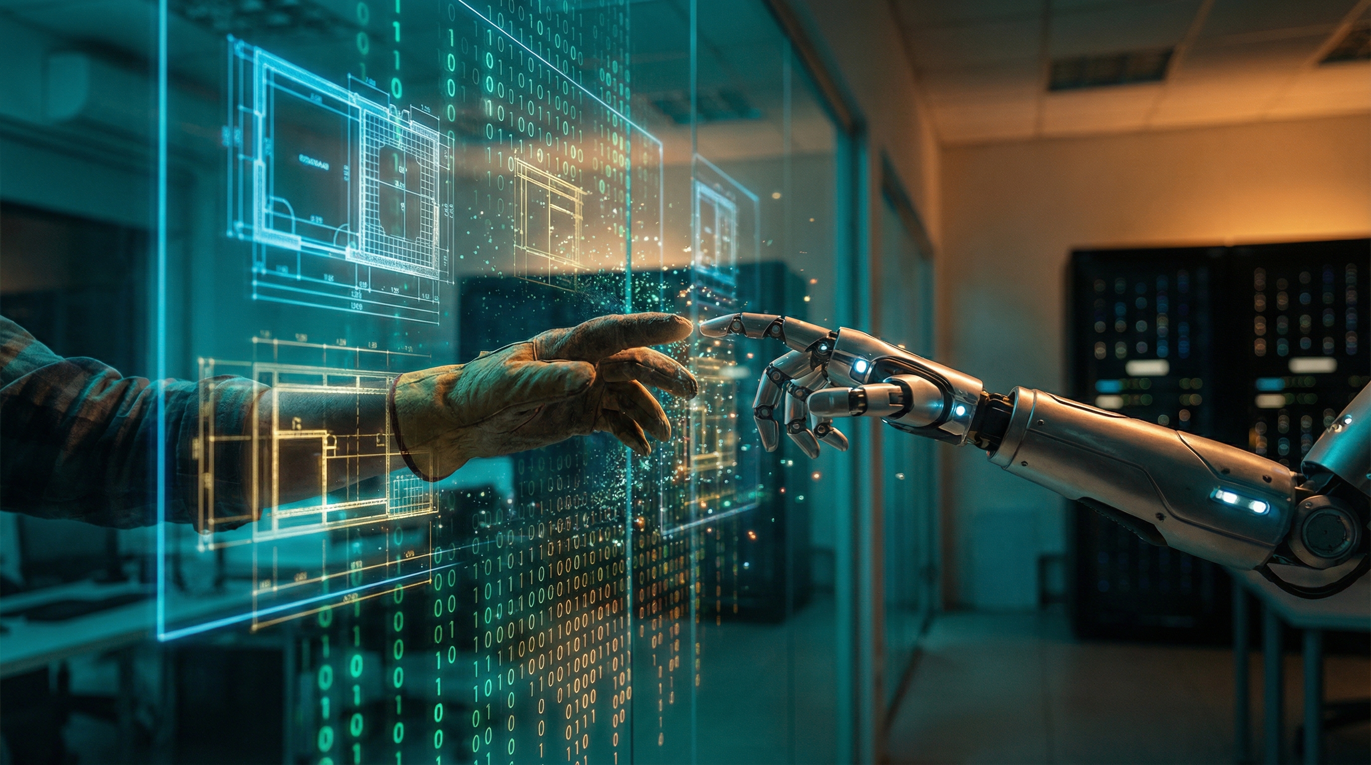 Human hands and robotic hands reaching toward each other across a digital divide of luminous code