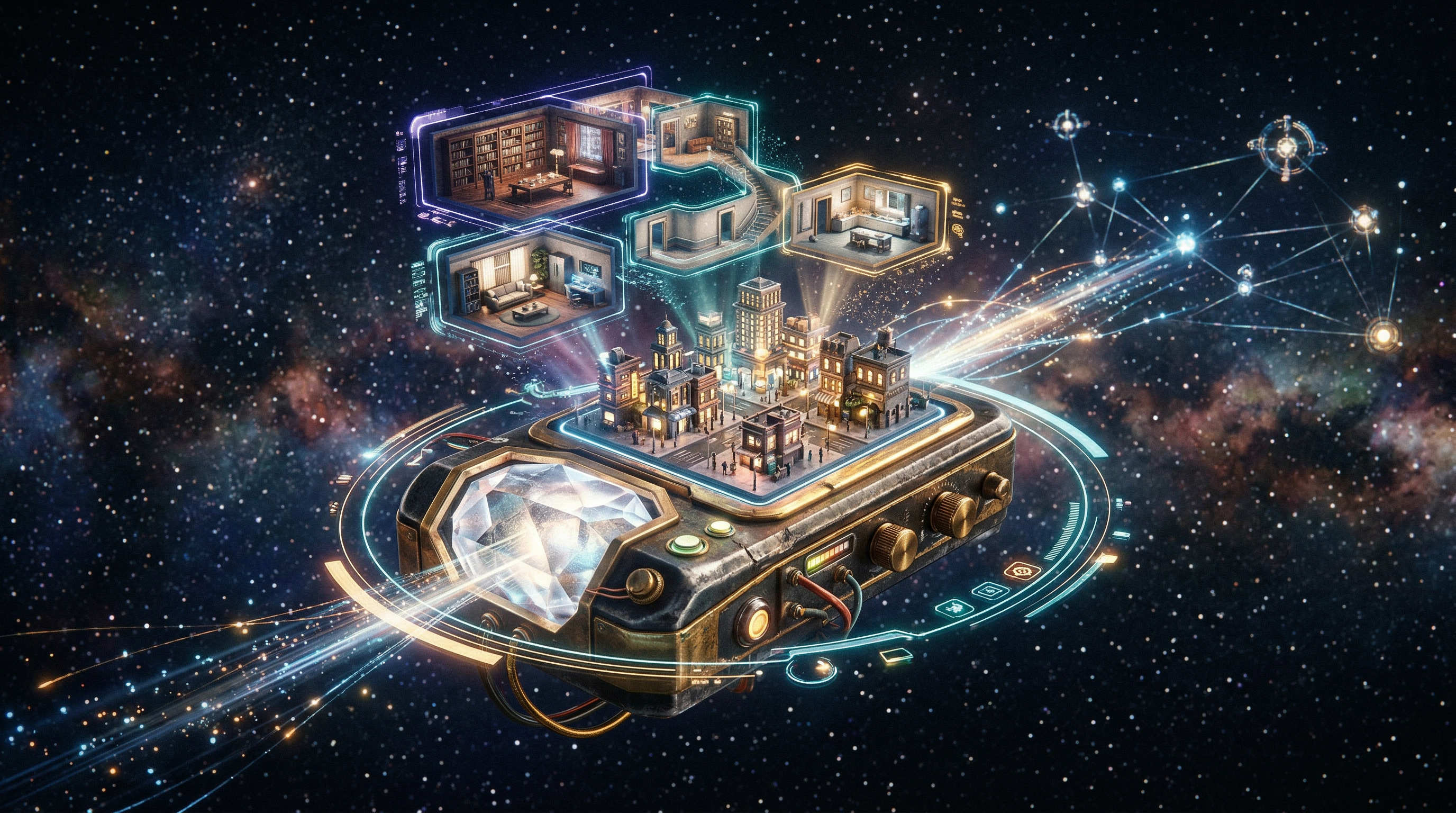 A luminous handheld crystal device floating in space, projecting holographic UI elements of rooms and hallways — evoking General Magic's 1990 vision of the Pocket Crystal