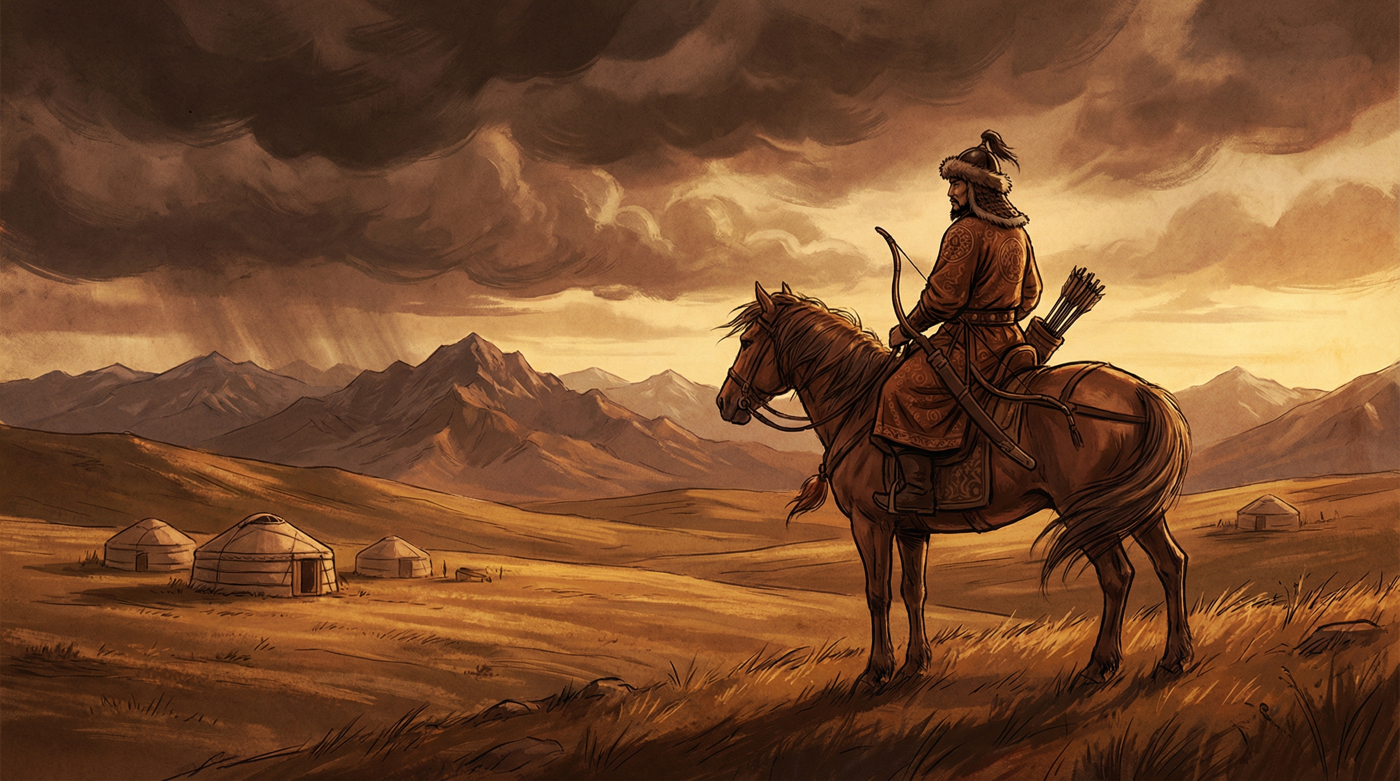 A Mongol warrior emperor on horseback against the vast steppe at golden hour, storm clouds gathering behind distant mountains